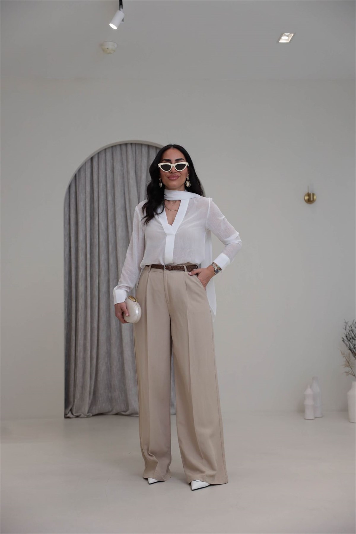 1150 Örme Kemerli Viskon Keten Pantolon BEJ