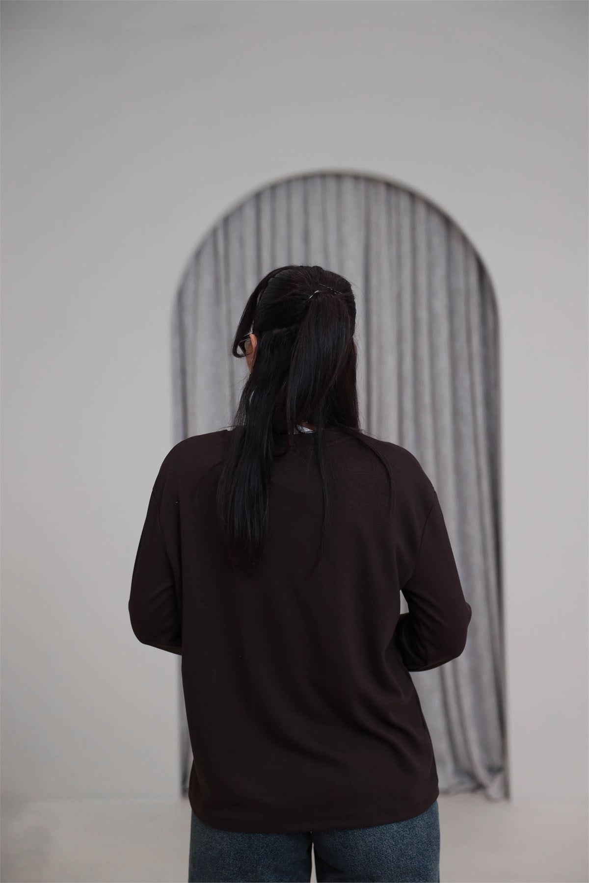 1448 Bisiklet Yaka uzun Kollu Oversize Tshirt KAHVE