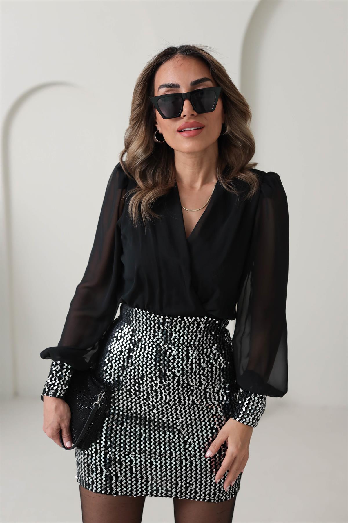 3658 Kruvaze Yaka Eteği Pul Payet Elbise GRİ