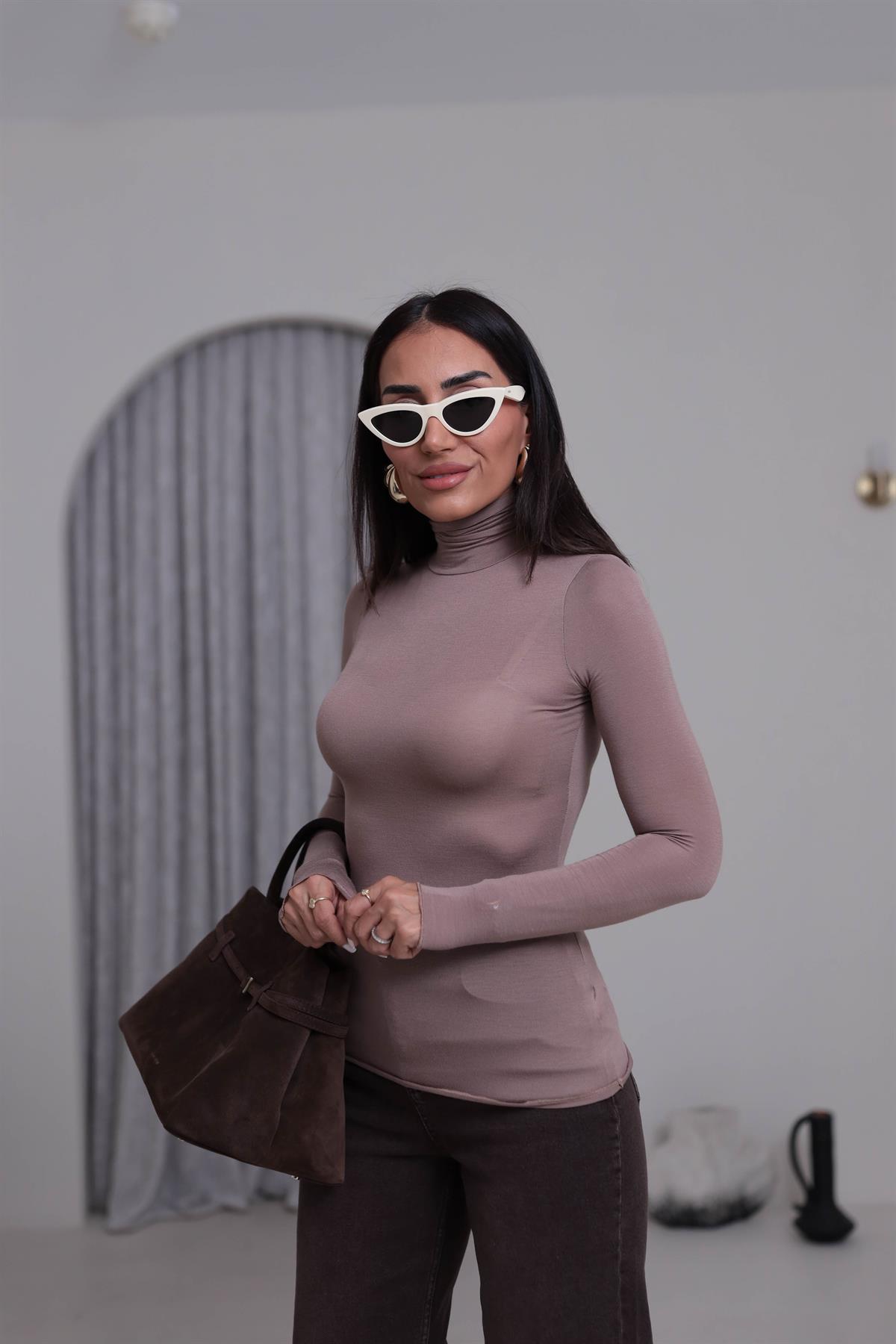 5256 Balıkçı Yaka Transparan Bluz SÜTLÜ KAHVE