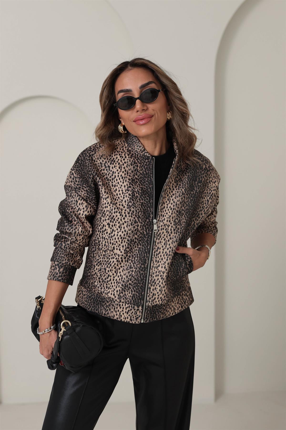 9550 Leopar Desen Kaşe Ceket LEOPAR