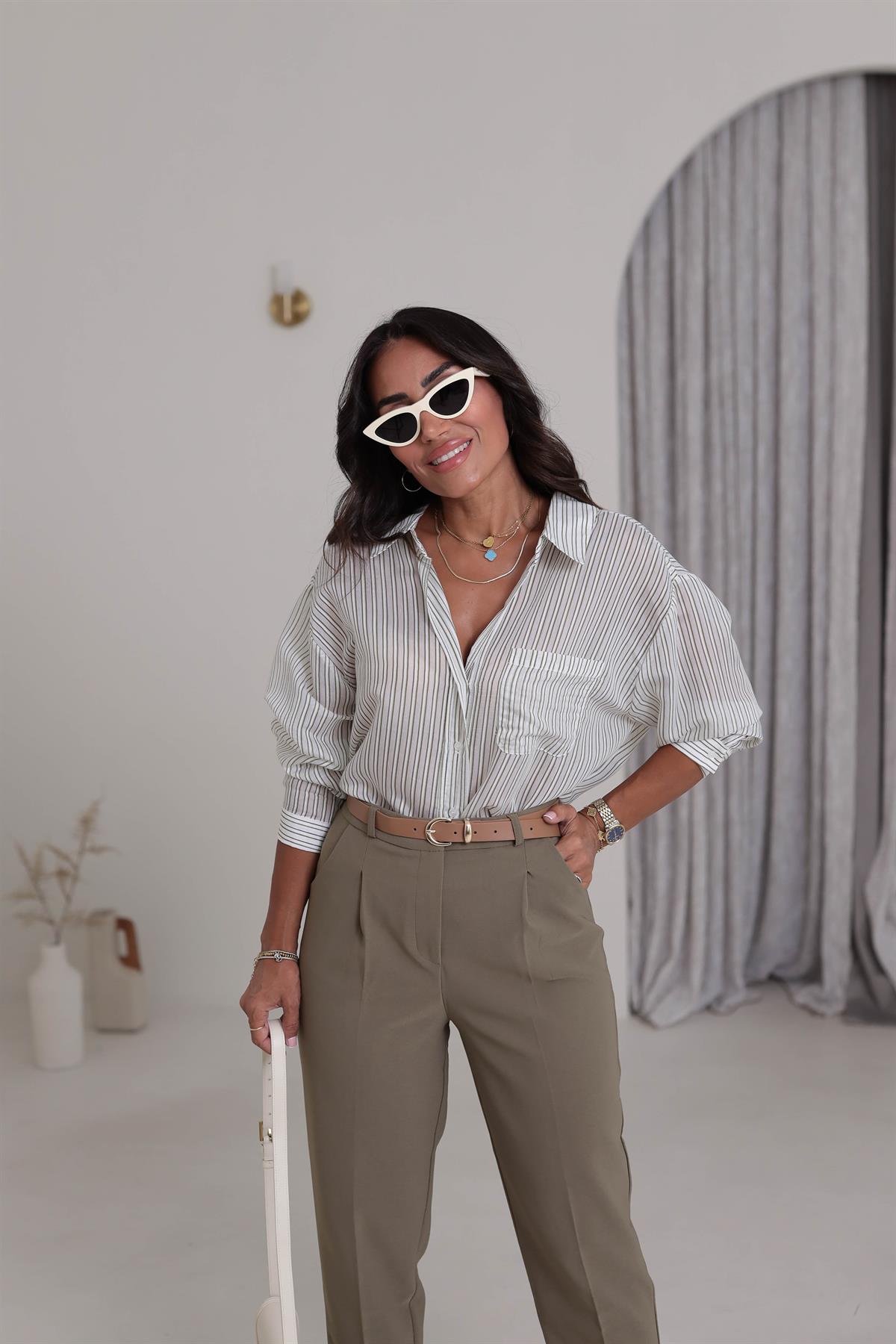 4904 Düşük Omuz Çizgili Oversize Gömlek HAKİ YEŞİL