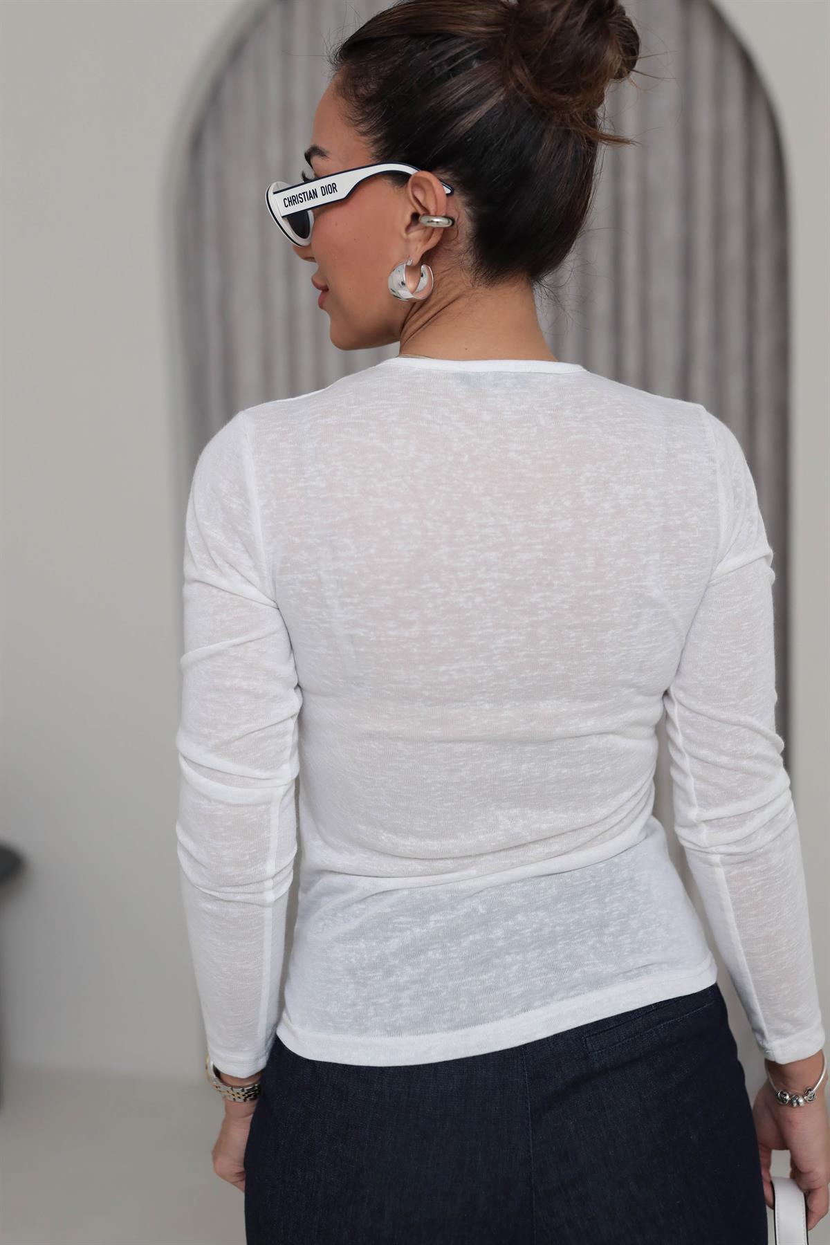 1091 Bisiklet Yaka Transparan Bluz EKRU