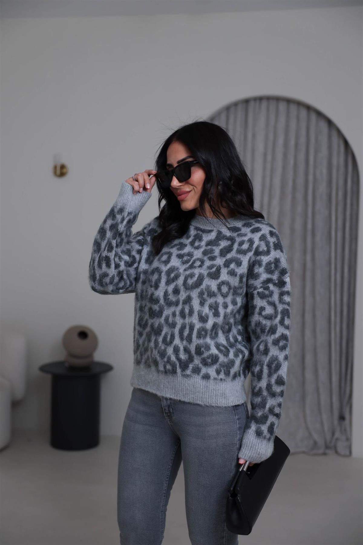 4561 Bisiklet Yaka Leopar Kazak GRİ