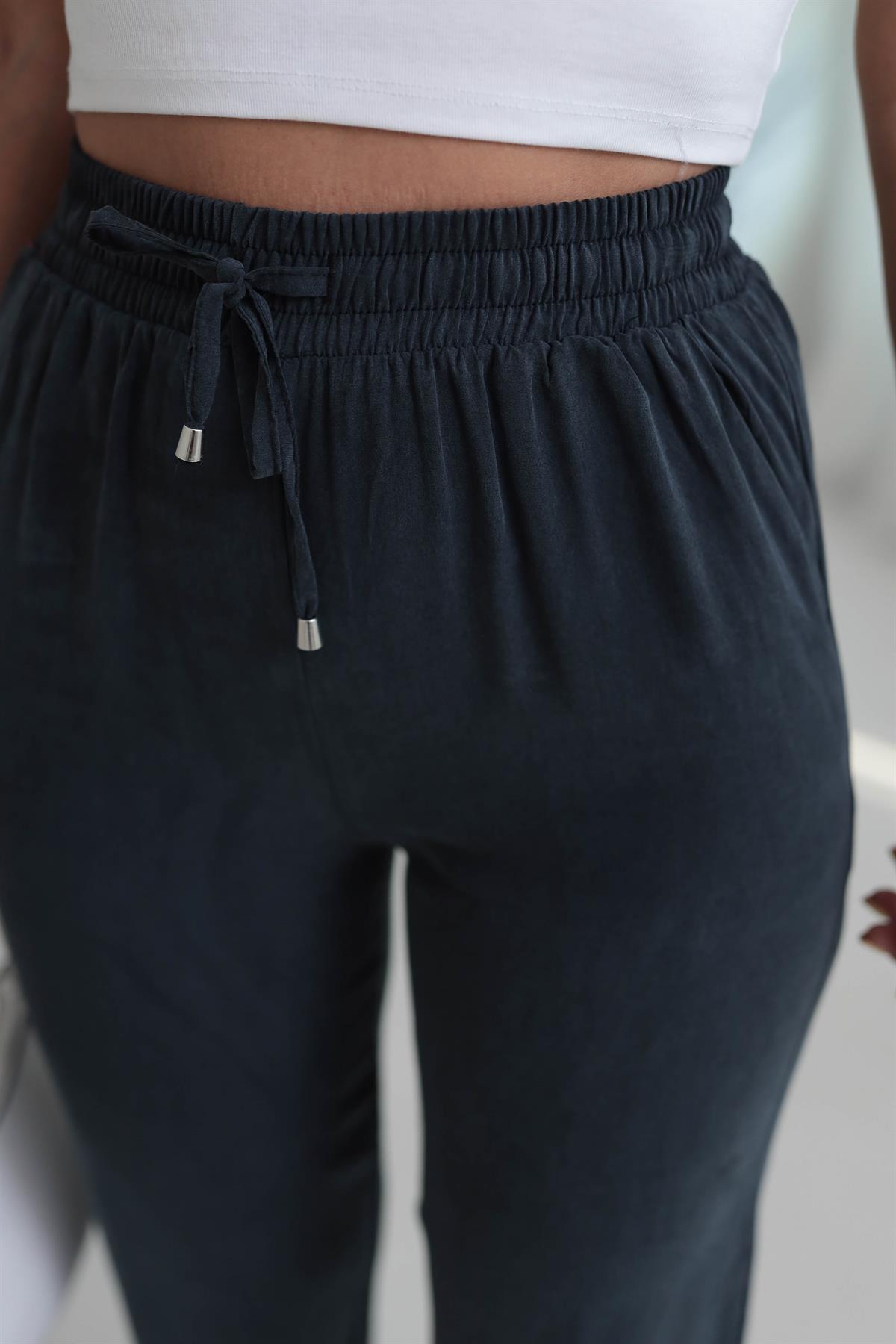 Paça Yırtmaçlı Bel Lastikli Tencel Pantolon ANTRASİT