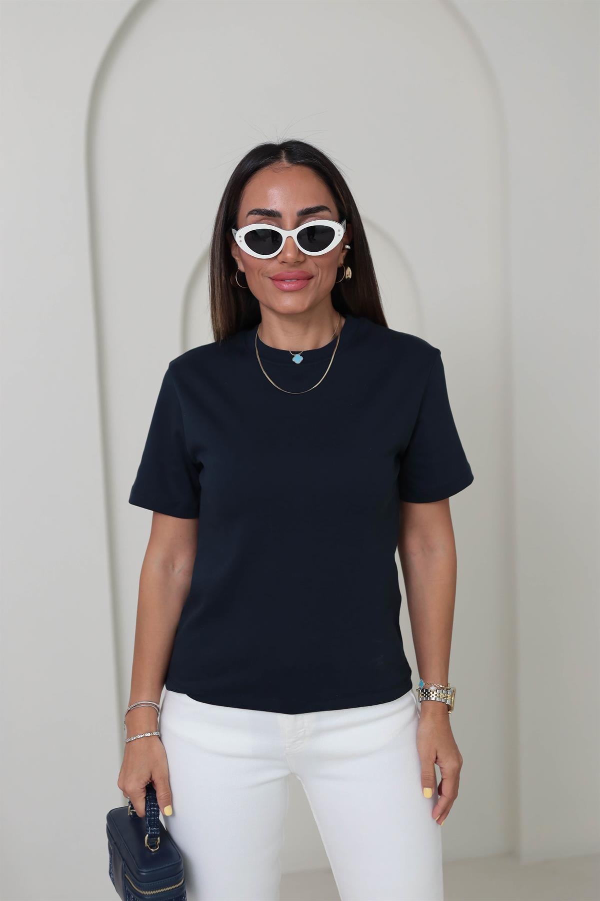 1075 Bisiklet Yaka Pamuklu Basic Tshirt KOYU LACİ