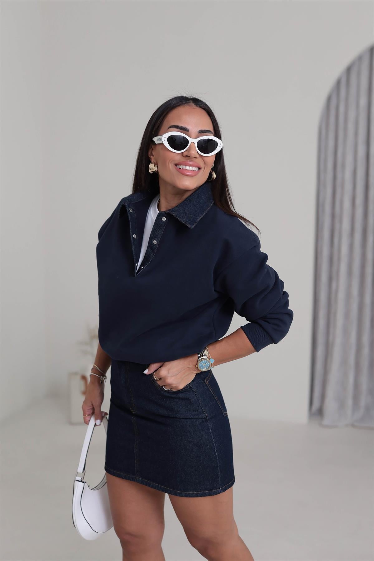 0178 Denim Yaka Tasarım Sweatshirt LACİVERT