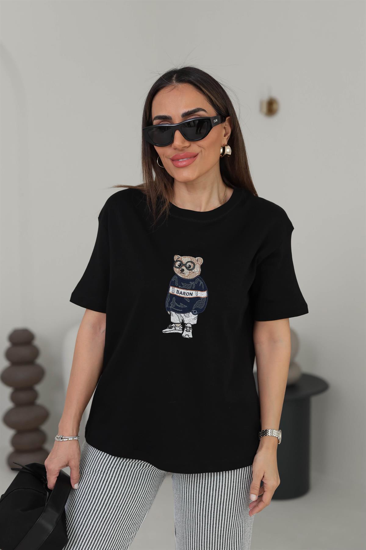 3512 Bisiklet Yaka Ayıcık Nakışlı Tshirt SİYAH