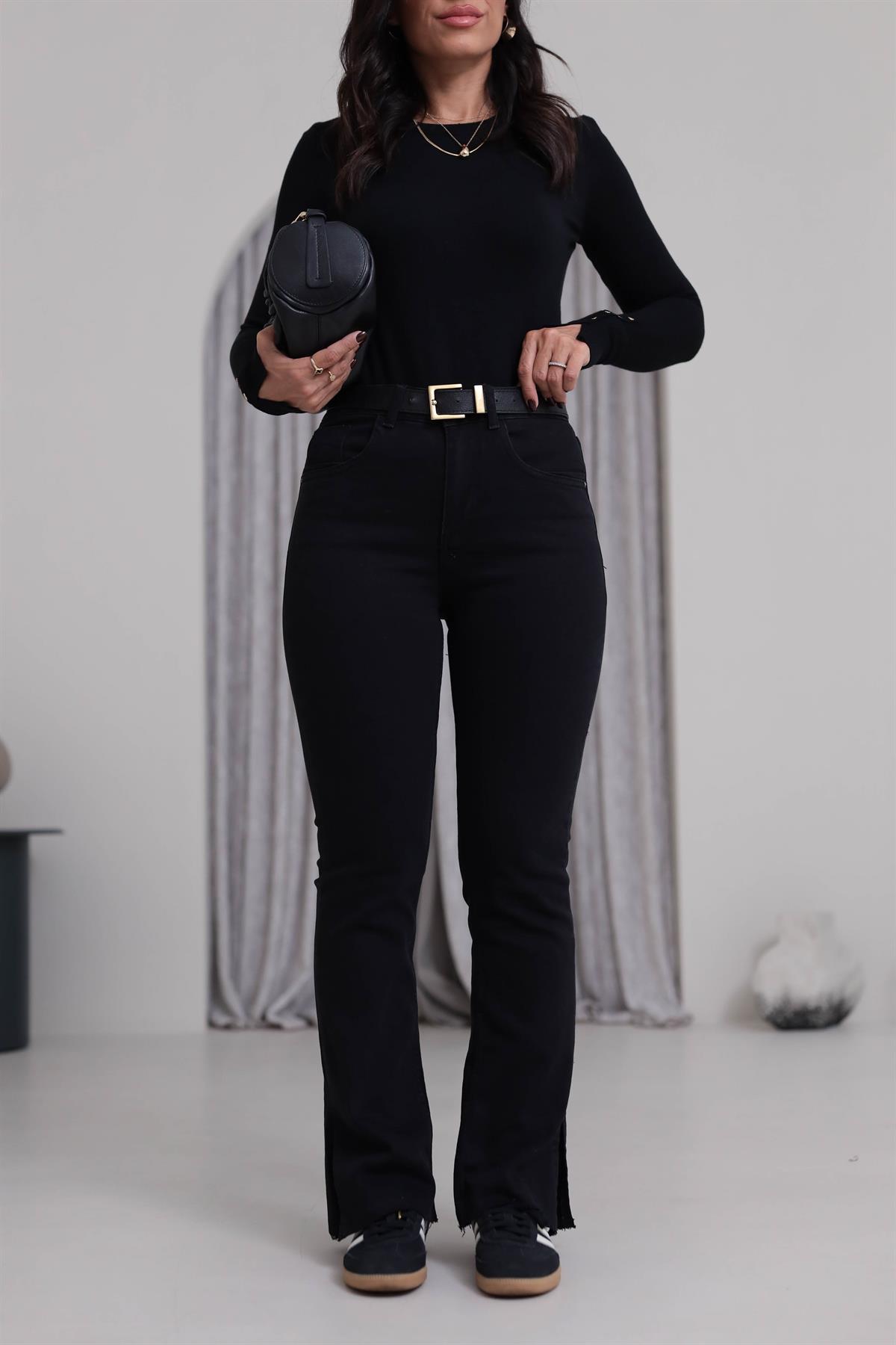 5303 Yırtmaçlı Flare Jean  Pantolon SİYAH