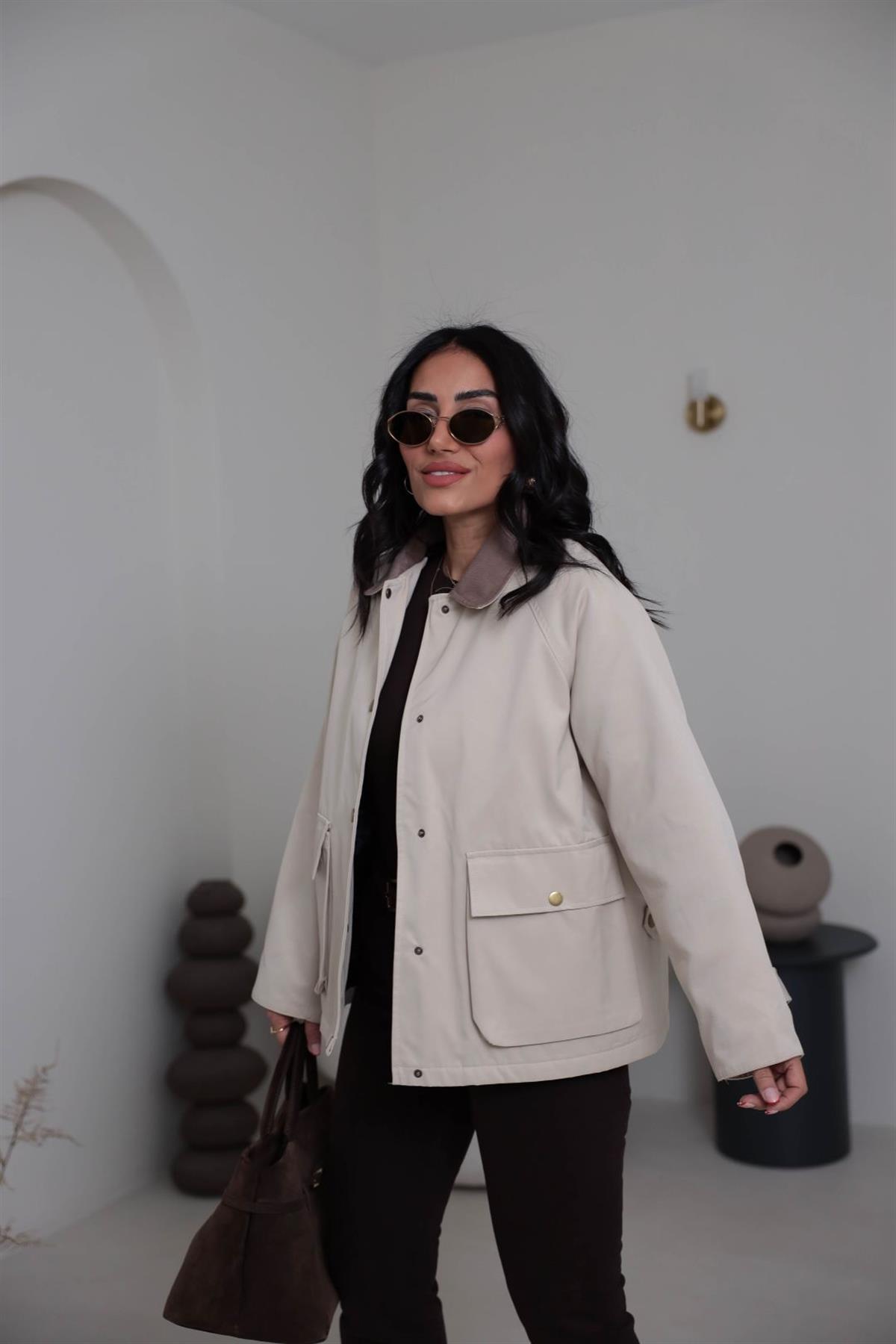 0213 Kadife Yakalı Trençkot KREM