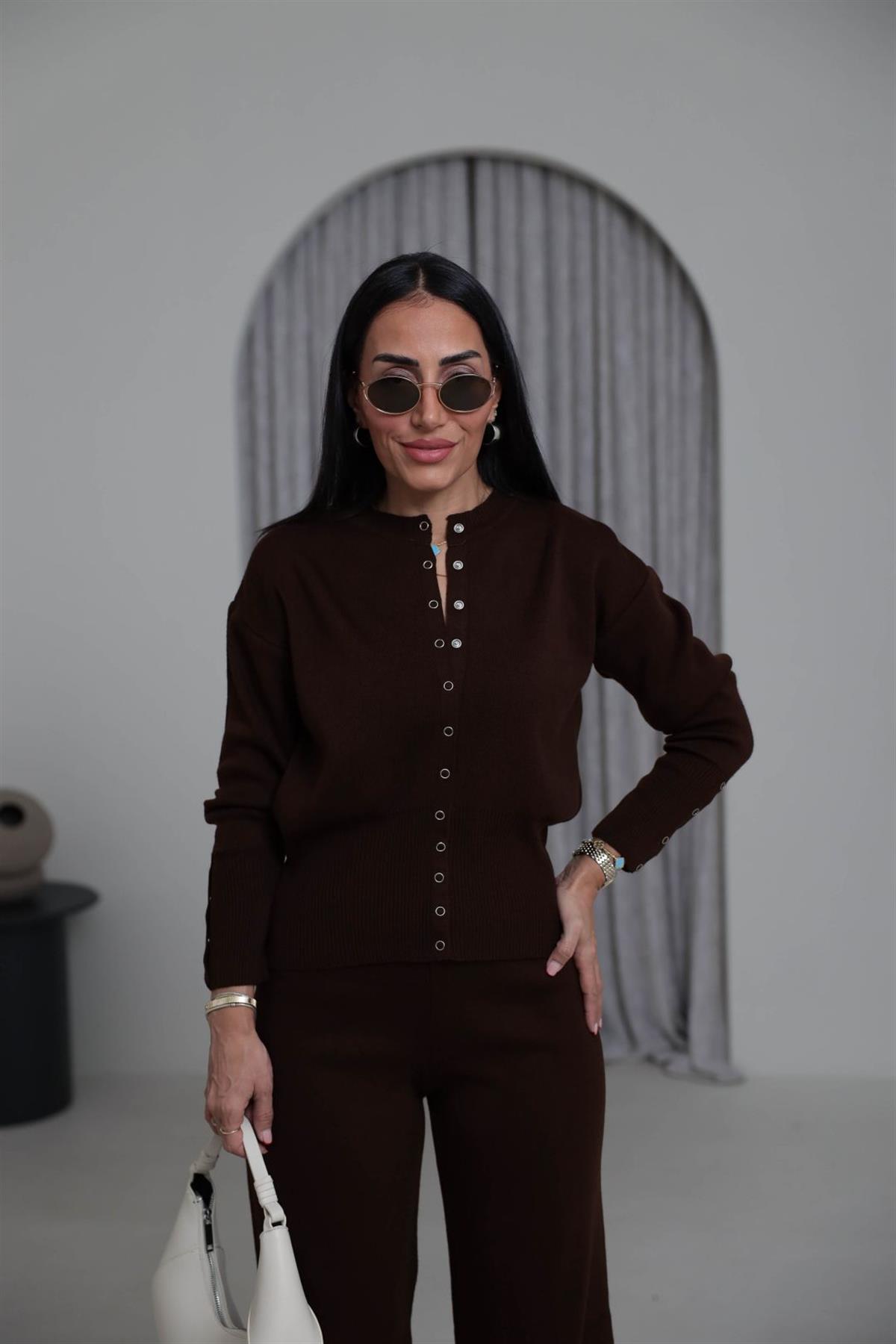 0129 Bisiklet Yaka Çıtçıt Detaylı Triko Takım KAHVE