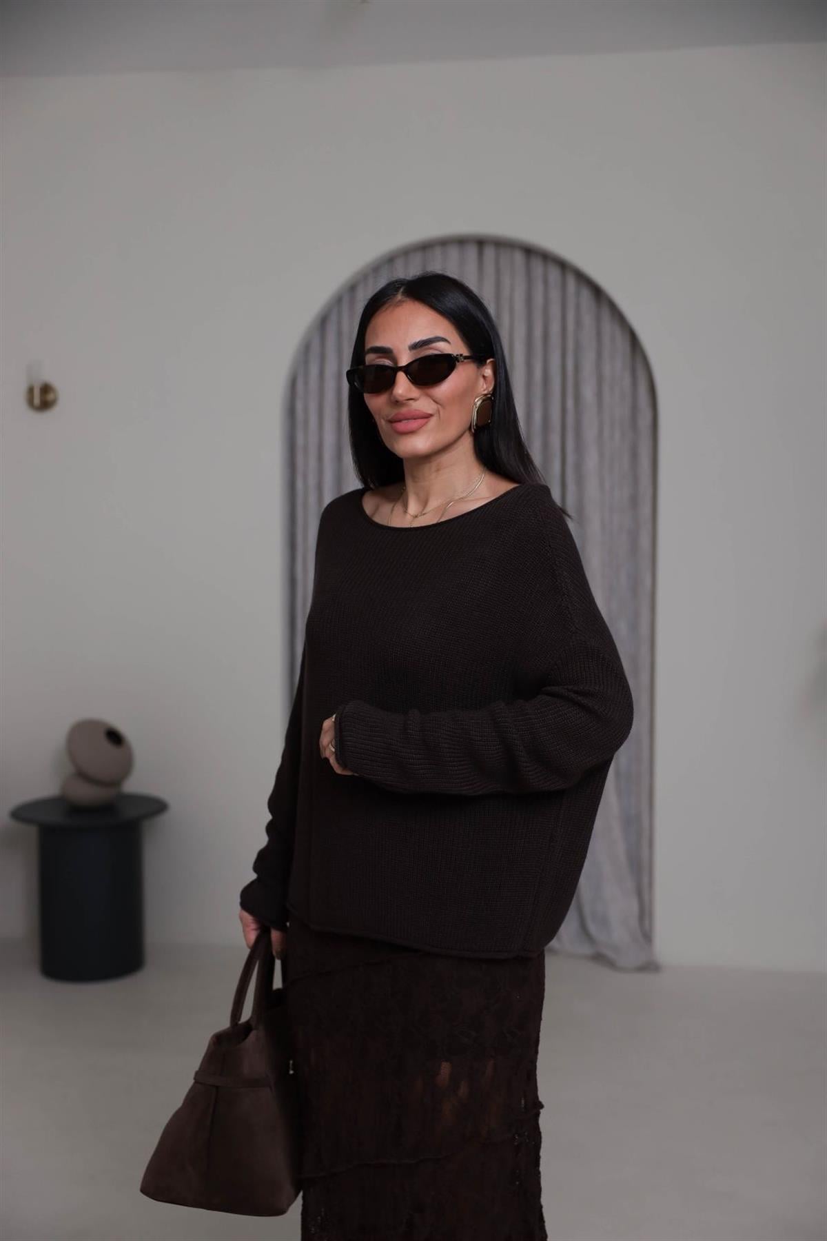 0804 Kayık Yaka Basic Triko Kazak KAHVE