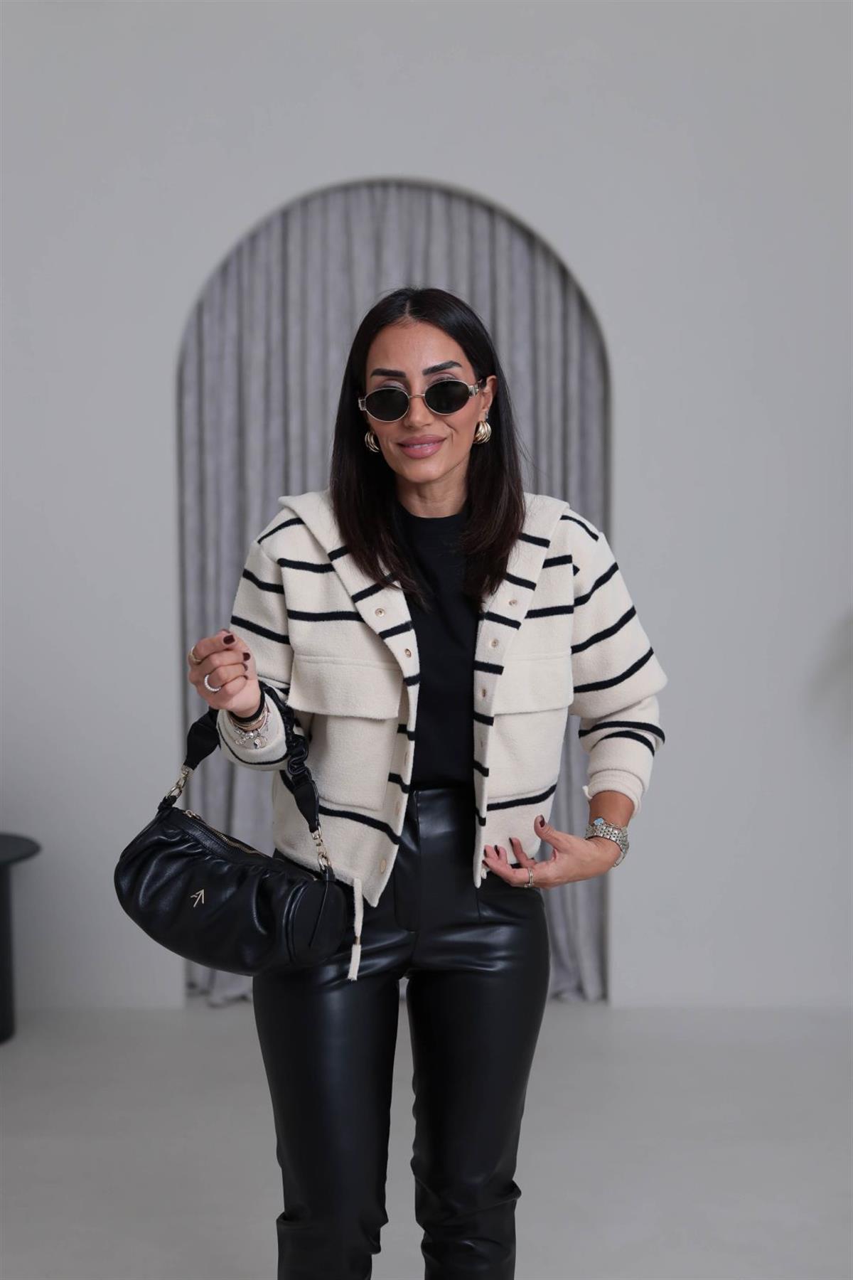 4600 Gold Düğme Detaylı Çizgili Angora Ceket EKRU