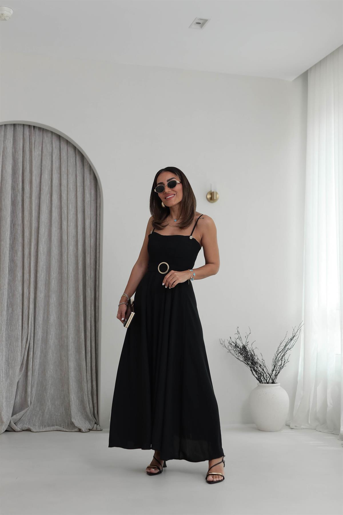 6097 Askılı Gold Detaylı Elbise SİYAH
