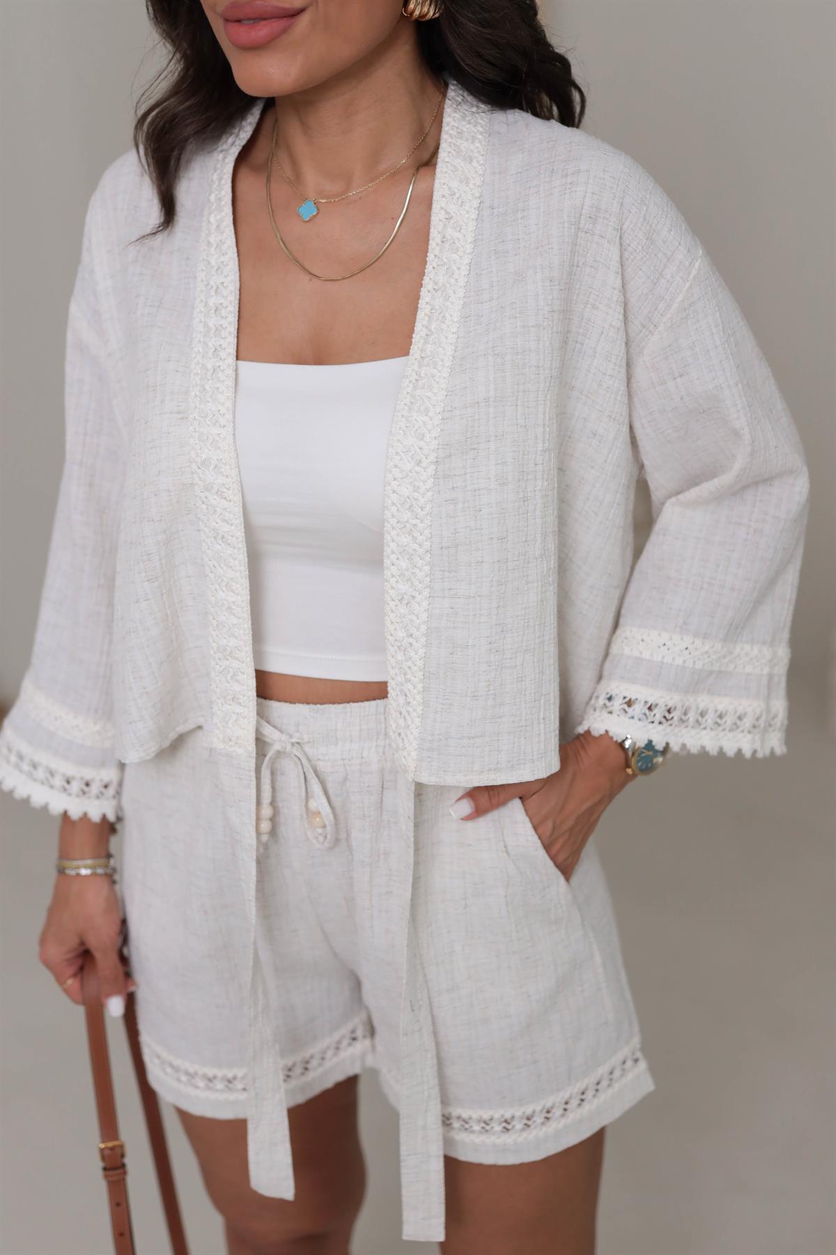 0357 İşlemeli Bel Bağlamalı Krinkıl Kimono NATURAL