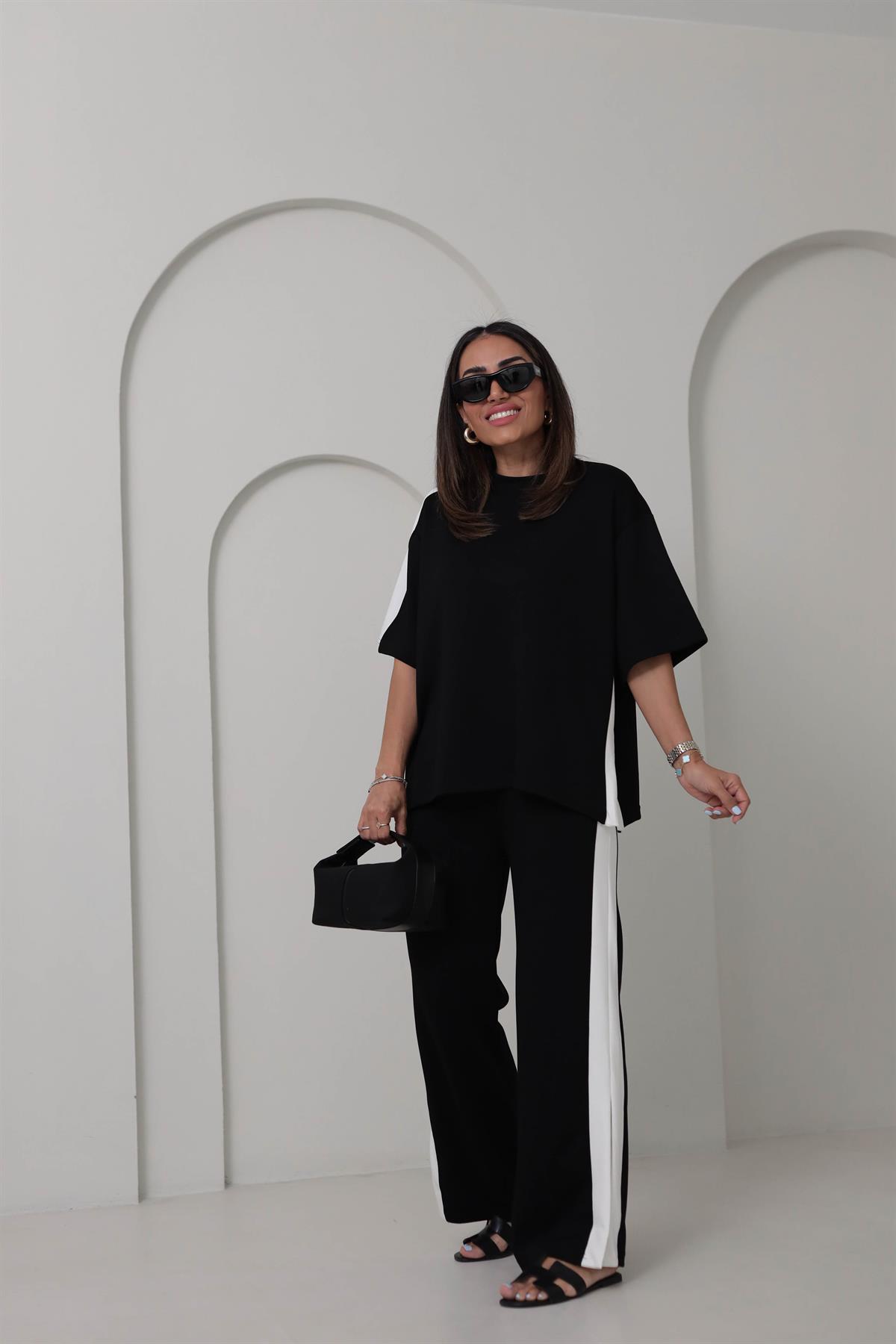 3417 Kontrastlı Paça Yırtmaçlı Rahat Modal Takım SİYAH