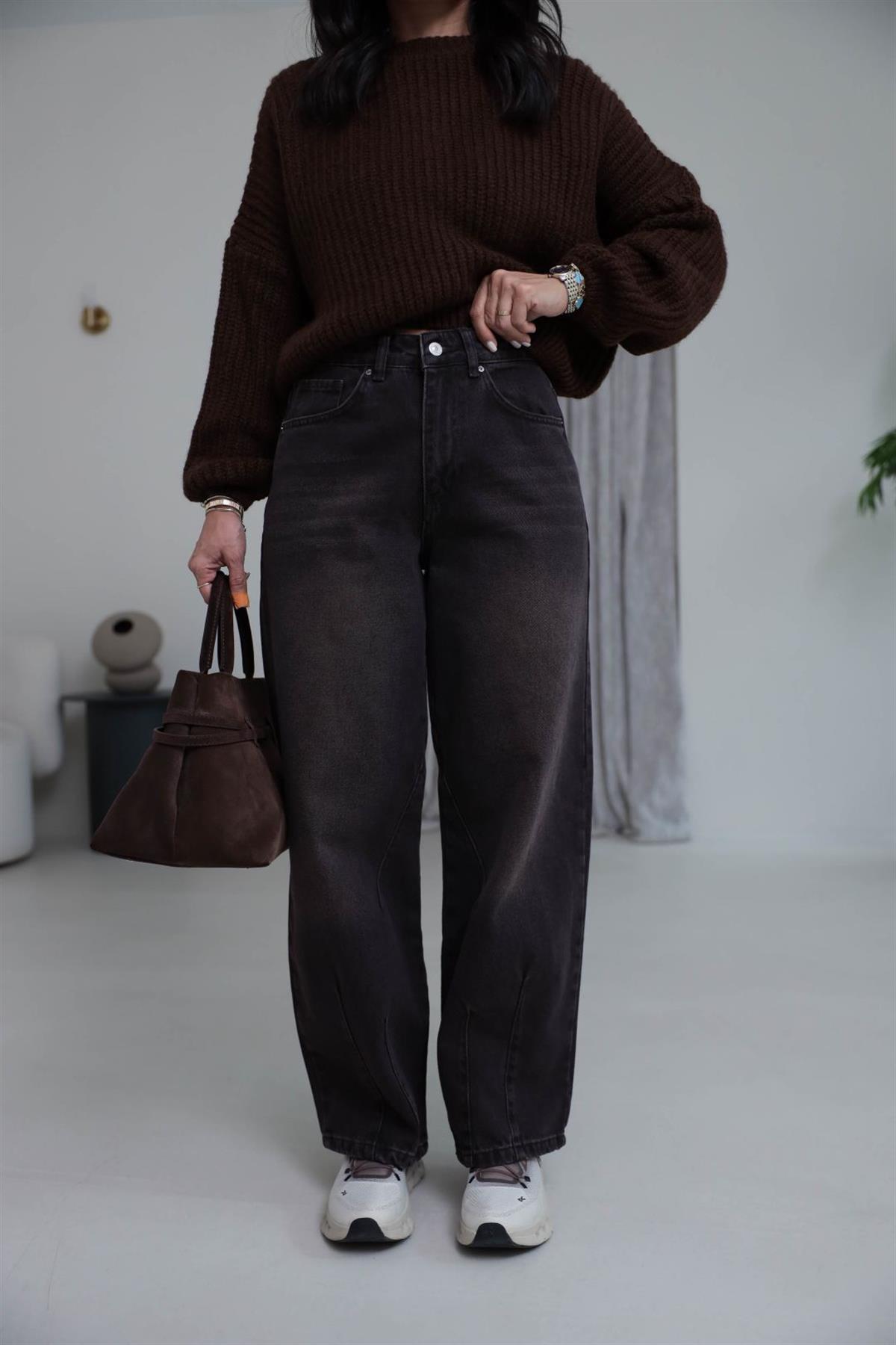 703 Paça Çift Pensli Boyfriend Jean YIKAMALI KAHVE