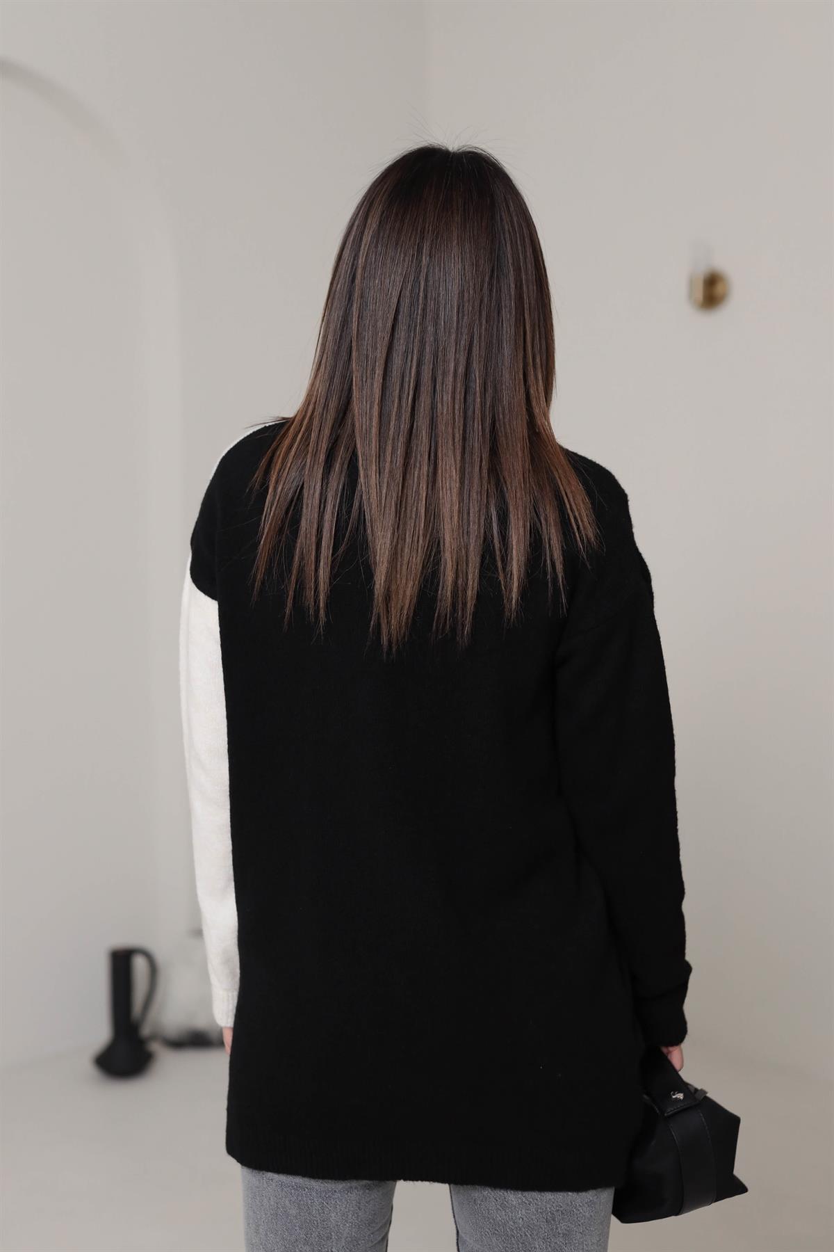 4071 İki Renk Detaylı Hırka SİYAH