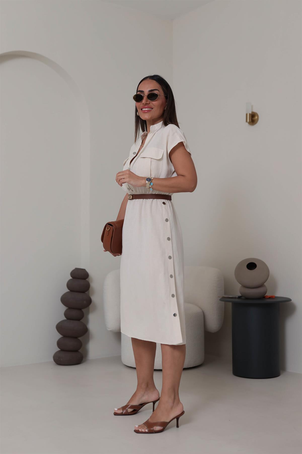 5921 Yan Çıtçıt Detay Elbise NATURAL