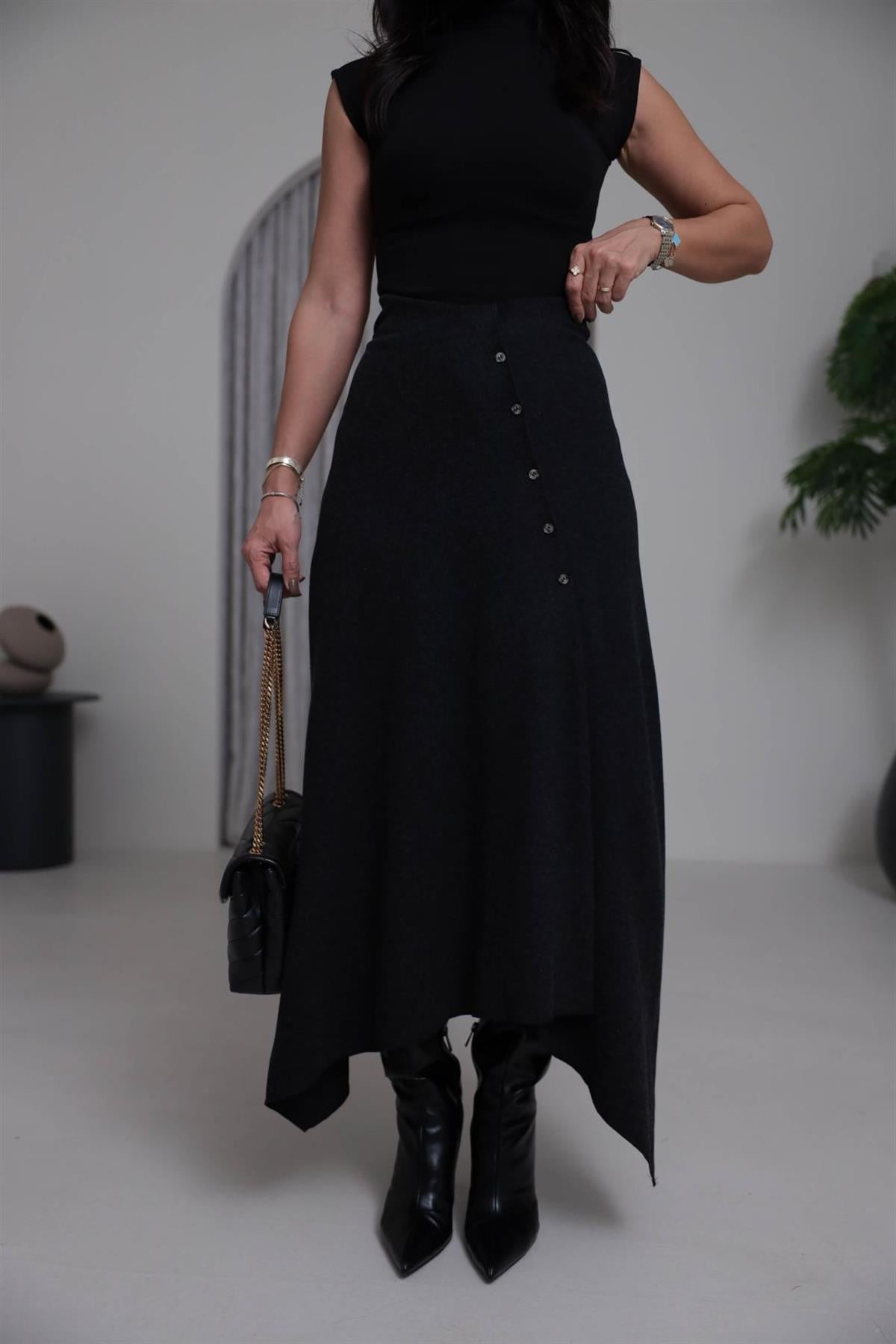 7298 Verev Düğmeli Asimetrik Etek ANTRASİT