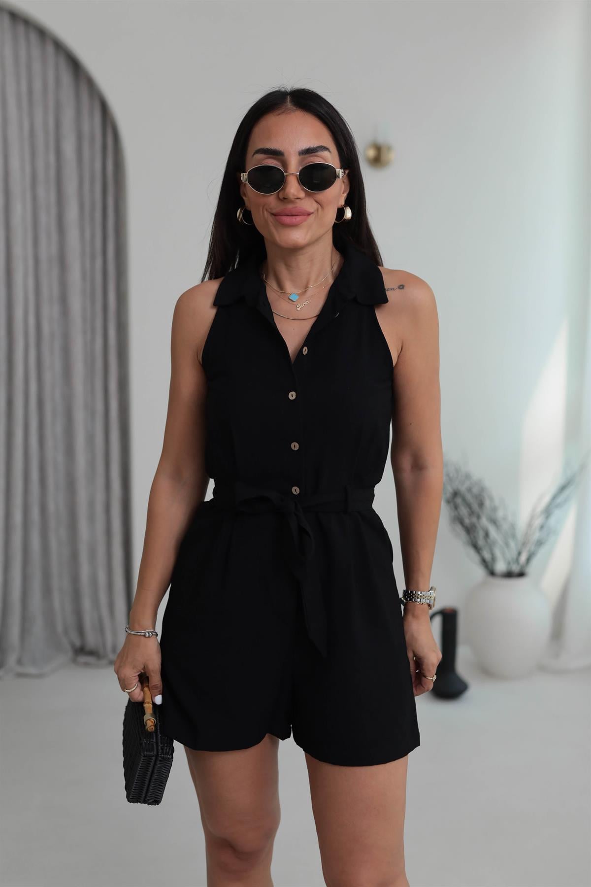 3791 Sıfır Kol Gömlek Yaka Şort Tulum SİYAH