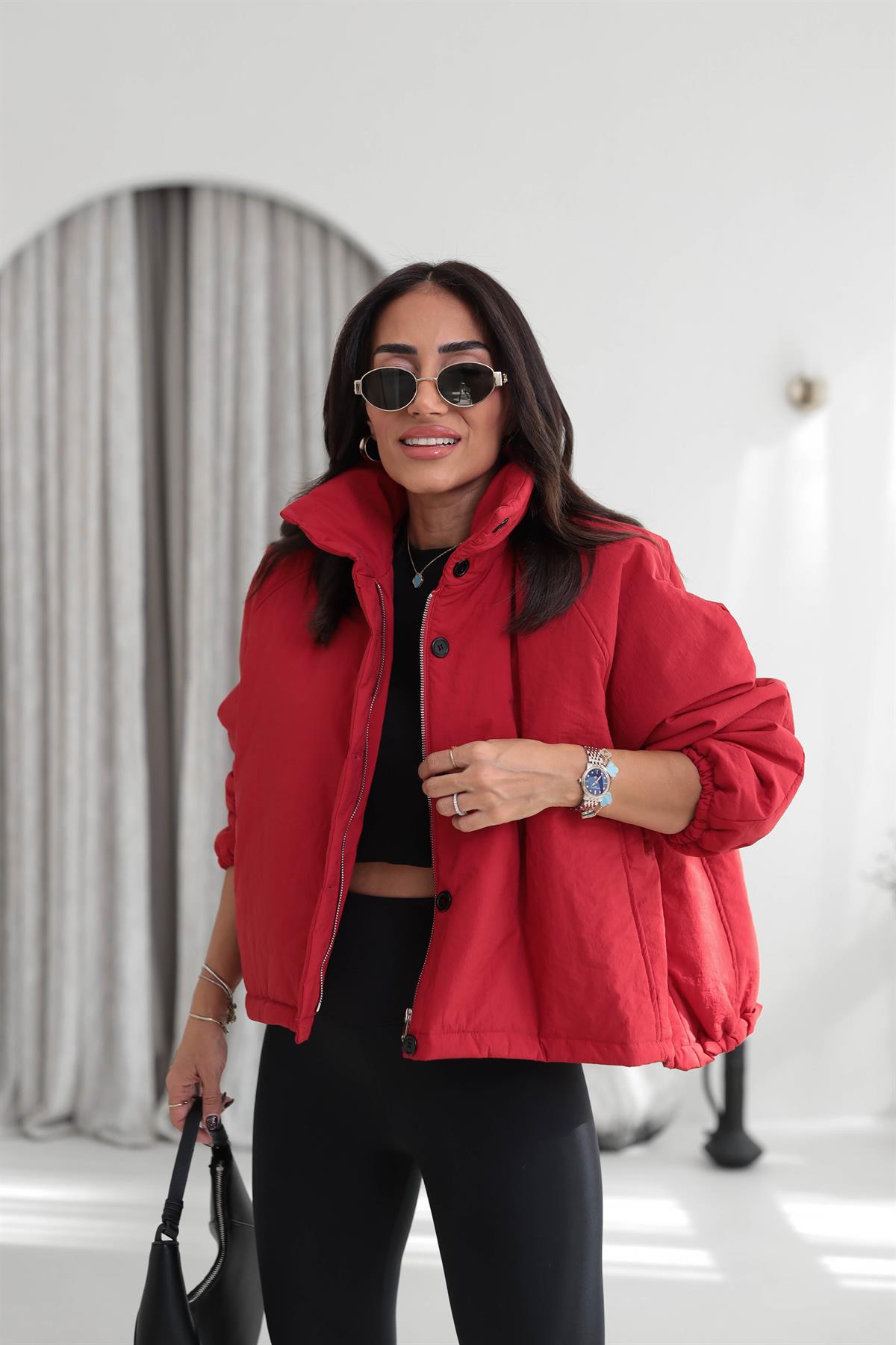 6862 Bel Büzgülü Düğme Detaylı Dik Yaka Oversize Mont KIRMIZI