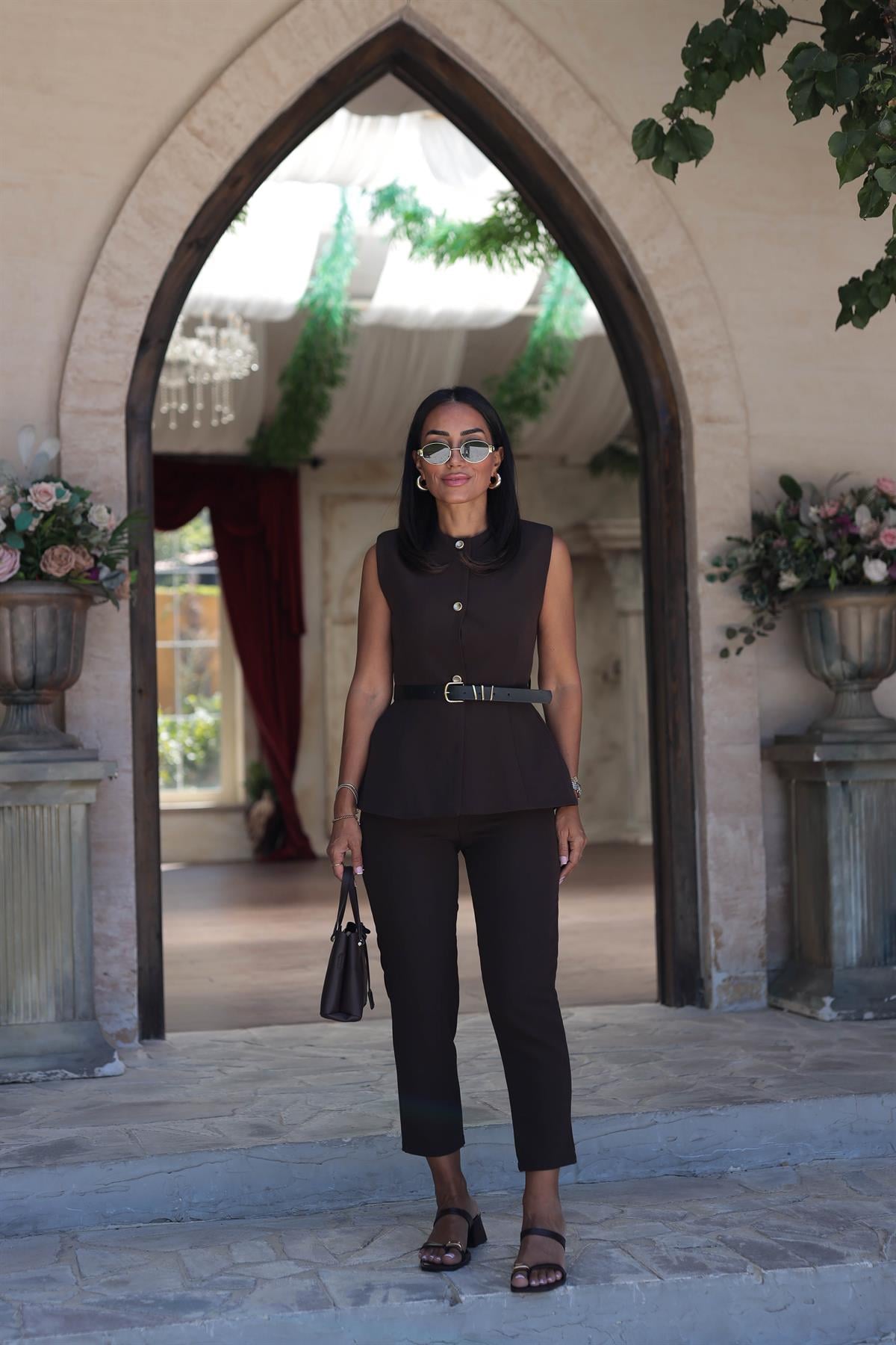 7195 Kemerli Yelekli Double Takım KAHVE