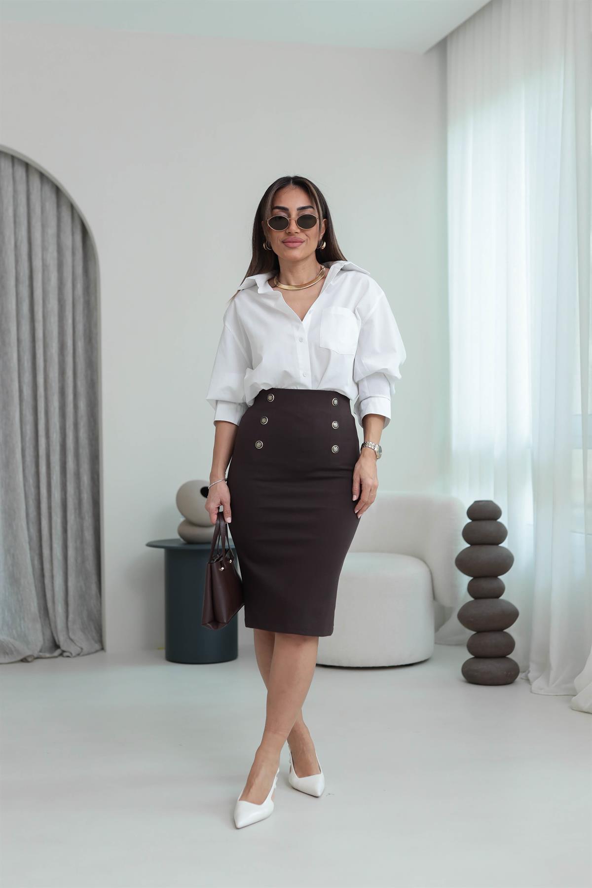 3130 Önü Düğme Detaylı Etek KAHVE