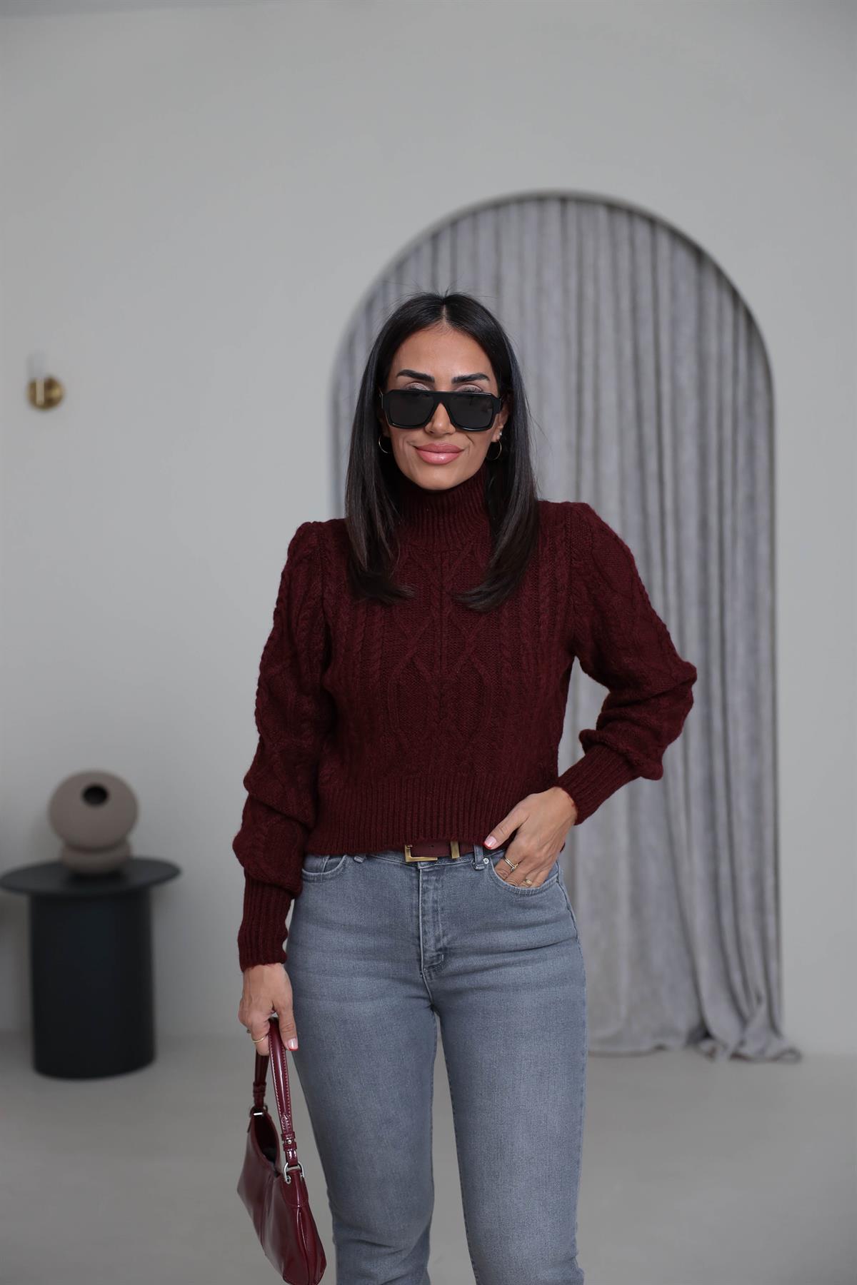 2549 Balıkçı Yaka Örgü Desen Kazak BORDO