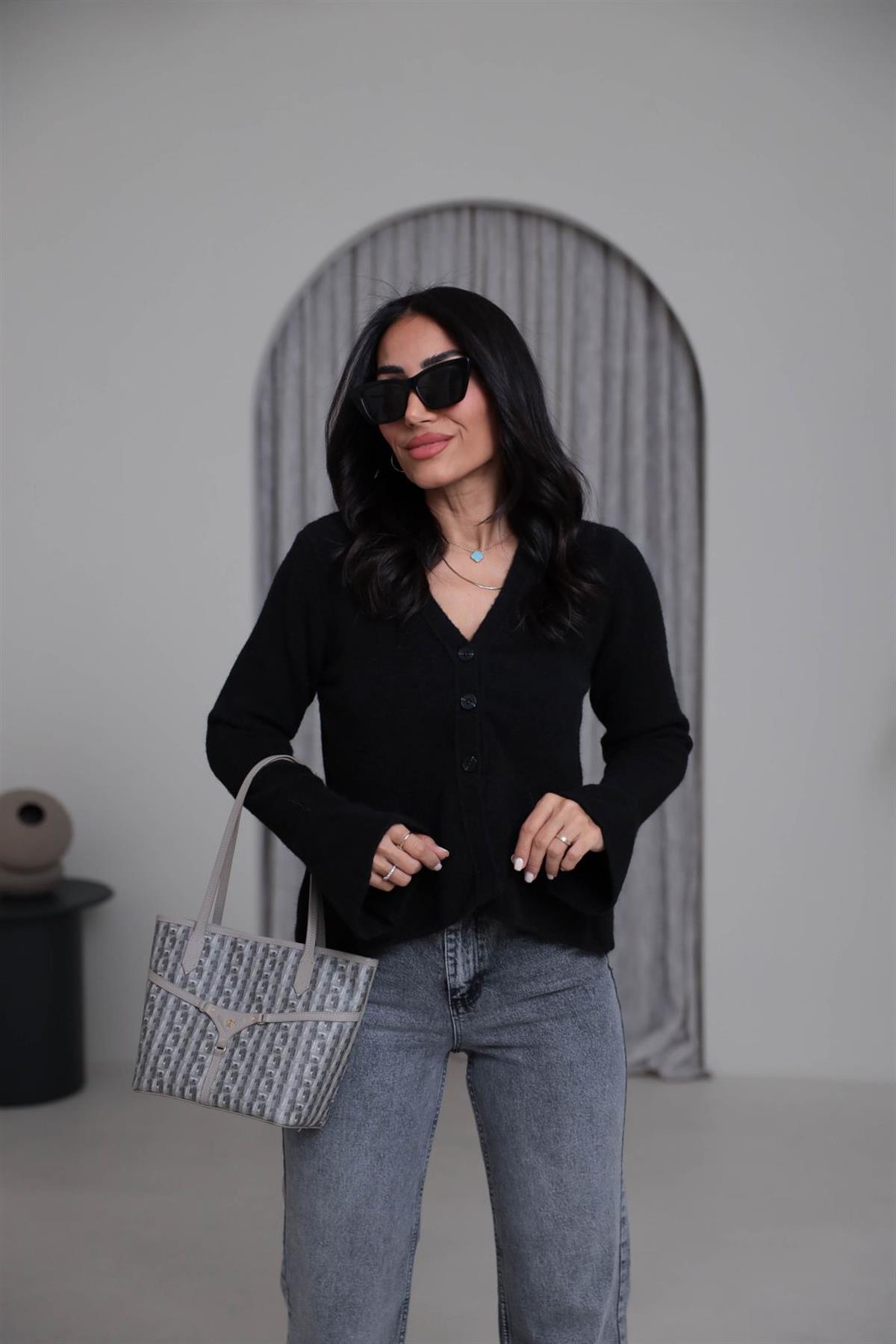 4930 V Yaka İspanyol Kol Peplum Hırka SİYAH