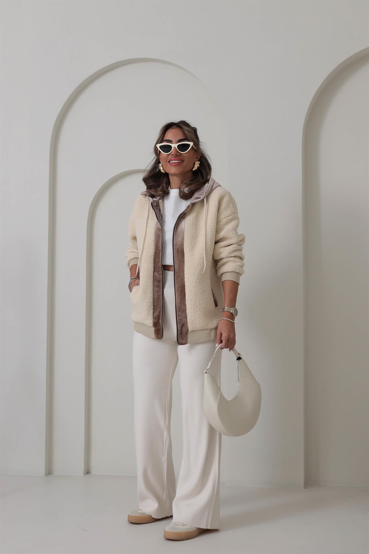 0003 Bol Kalıp Bel Lastikli Triko Pantolon EKRU