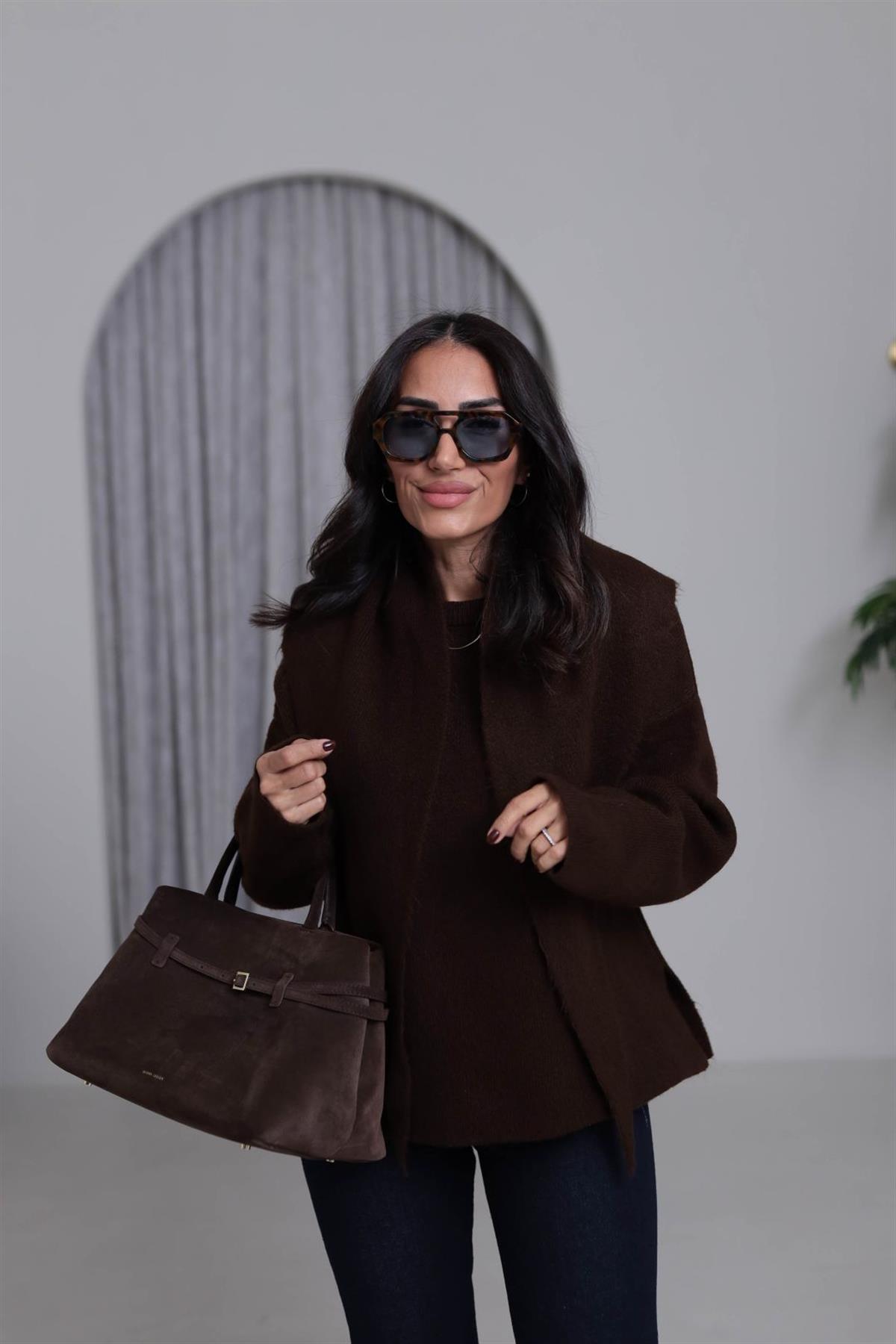 2567 Bisiklet Yaka Şal Detaylı Triko Kazak ACI KAHVE