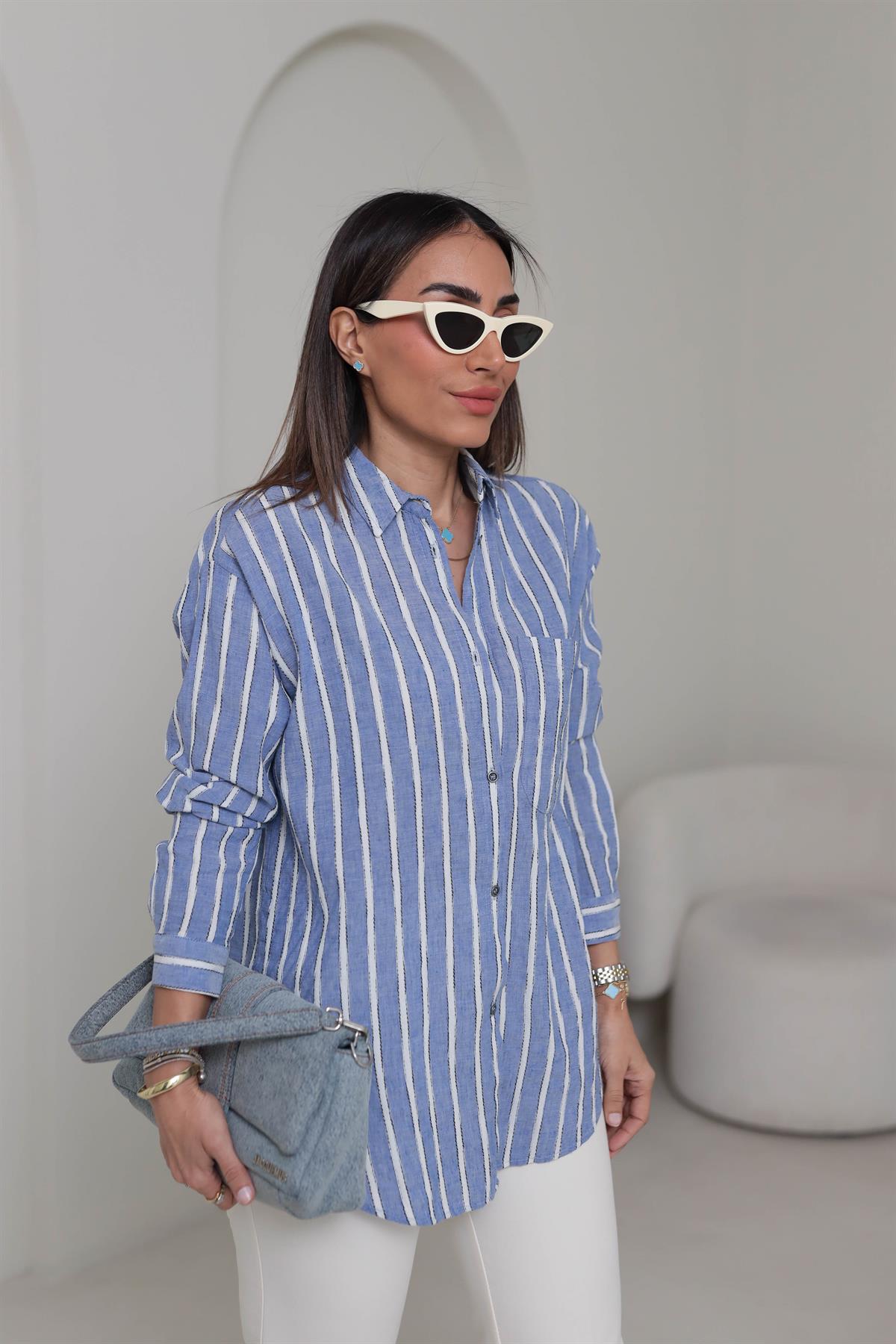 4373 Cep Detaylı Çizgili Keten Gömlek MAVİBEYAZ