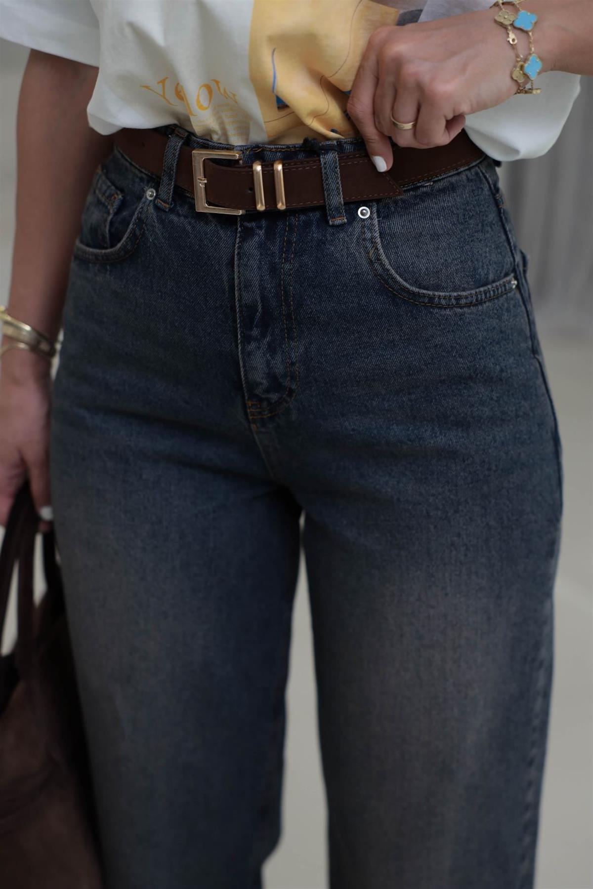 3010 Kemerli Yüksek Bel Baggy Jean KOYU TİNTLİ