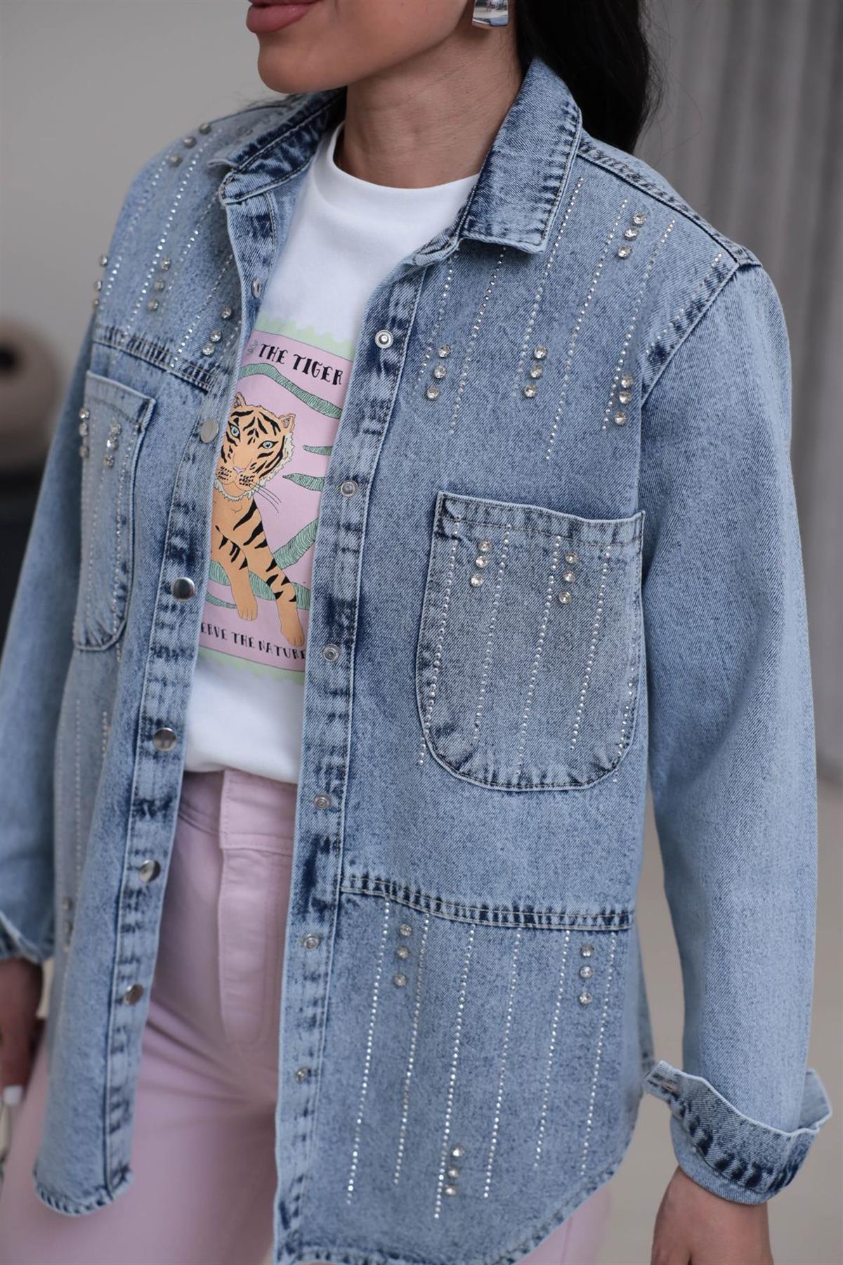 3171 Ön Arka Taş İşlemeli Rahat Denim Ceket BUZ MAVİ