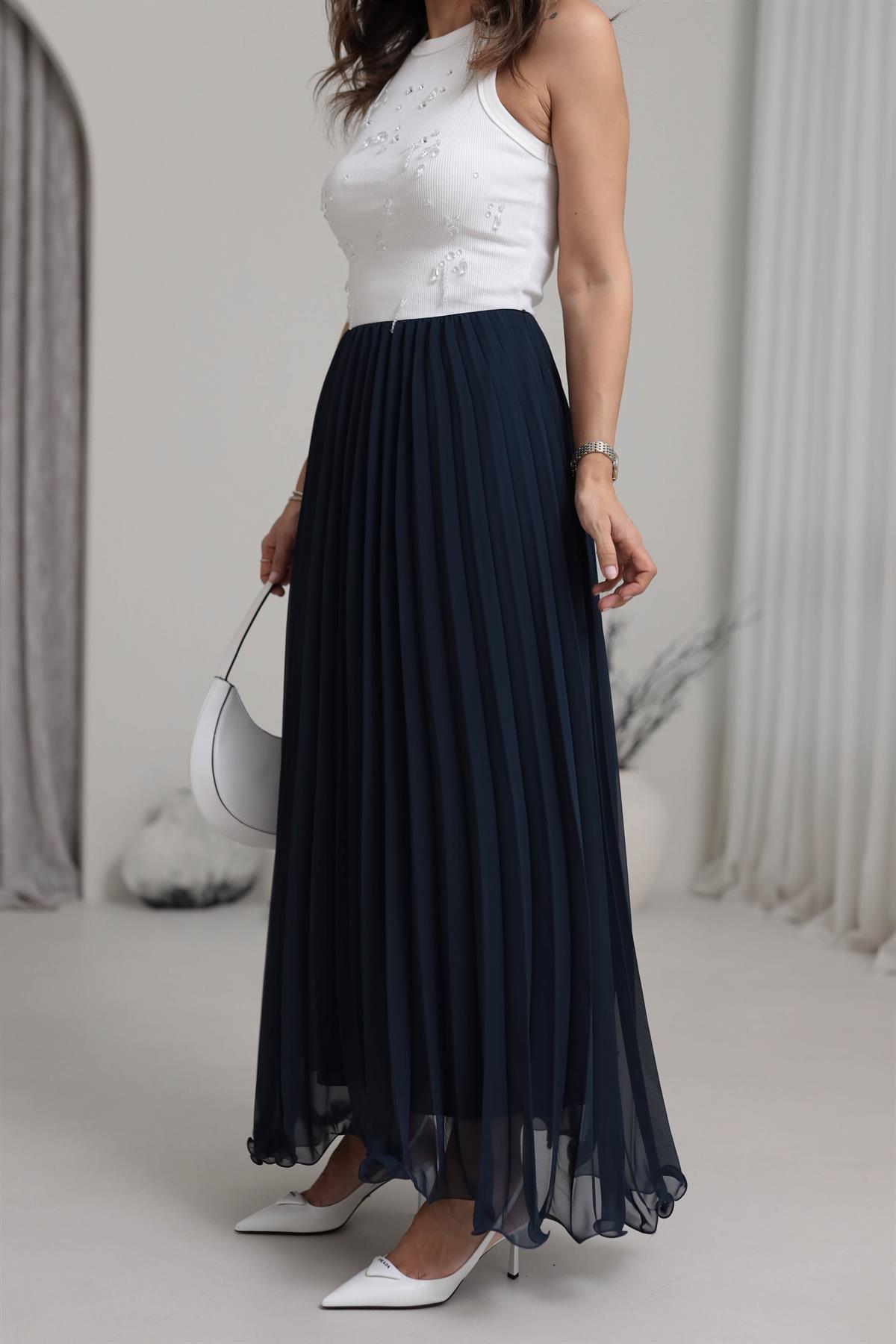 0287 Piliseli Şifon Maxi Etek LACİVERT