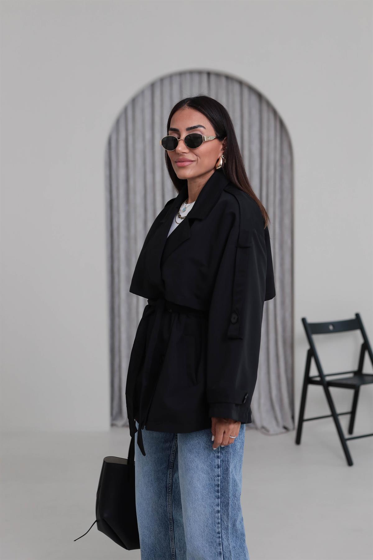 2019 Apoletli Kuşaklı Kısa Trençkot SİYAH