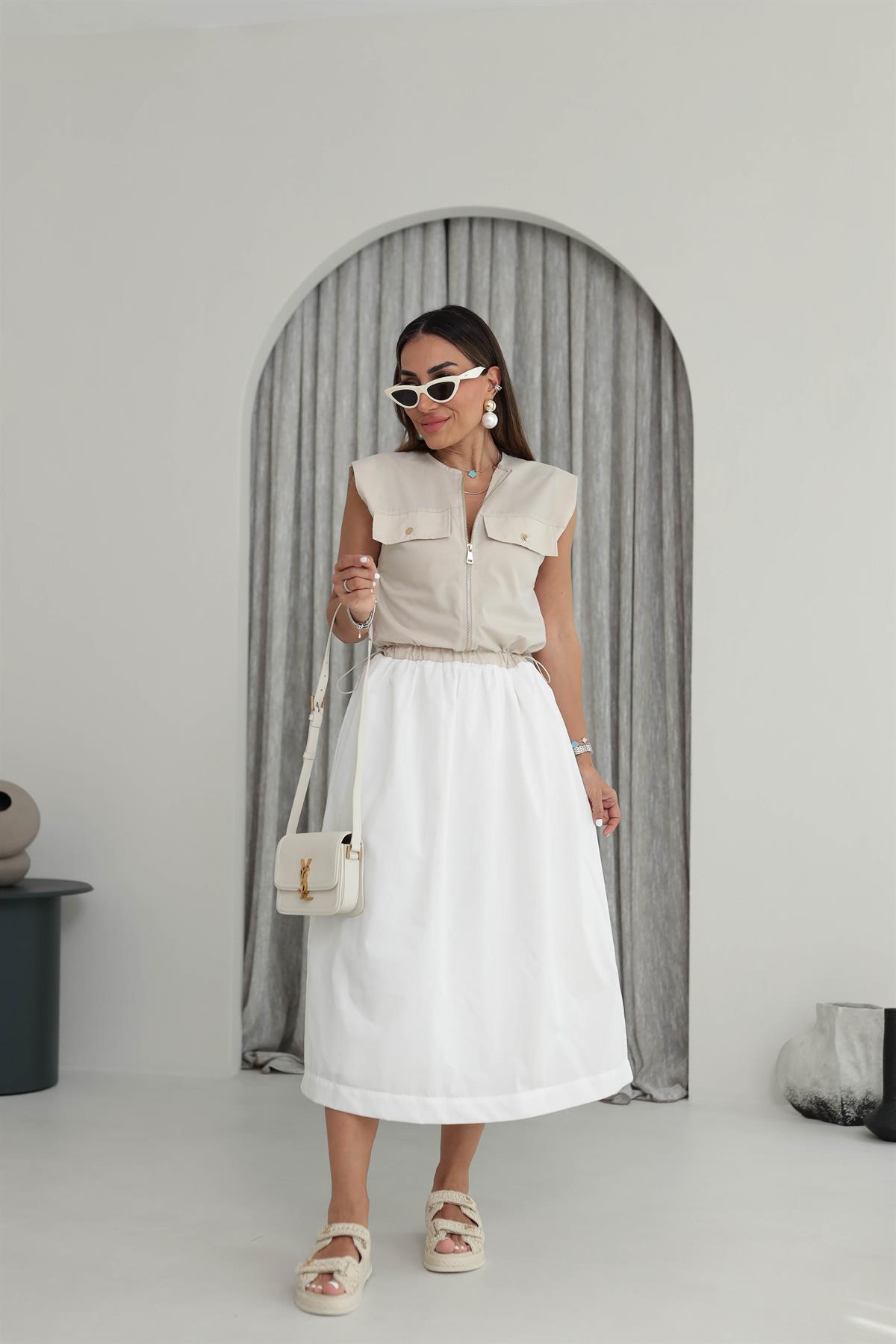 6305 Fermuar Detaylı Cep Kapaklı Poplin Elbise BEJ