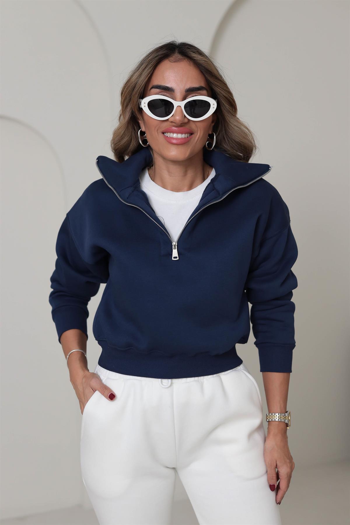 132 Fermuar Detaylı Crop Sweatshirt LACİVERT