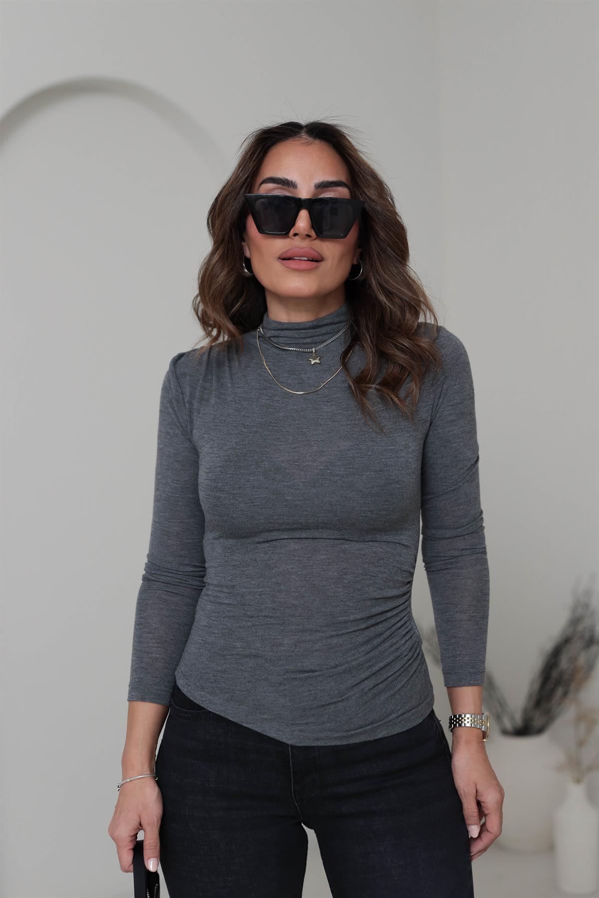 1004 Viral Dik Yaka Yarı Transparan Bluz ANTRASİT