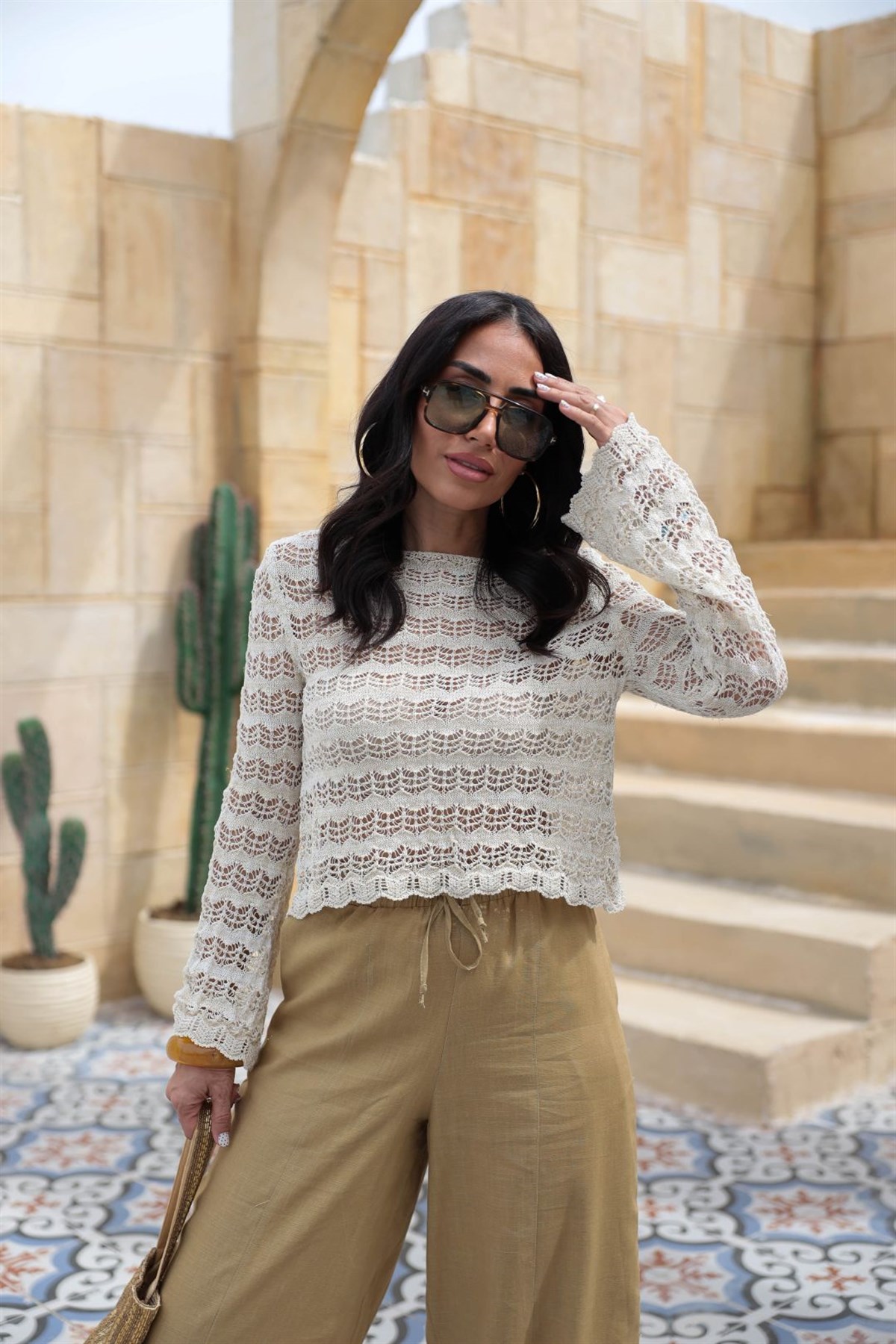 4702 Simli Ajurlu Triko Bluz KREM