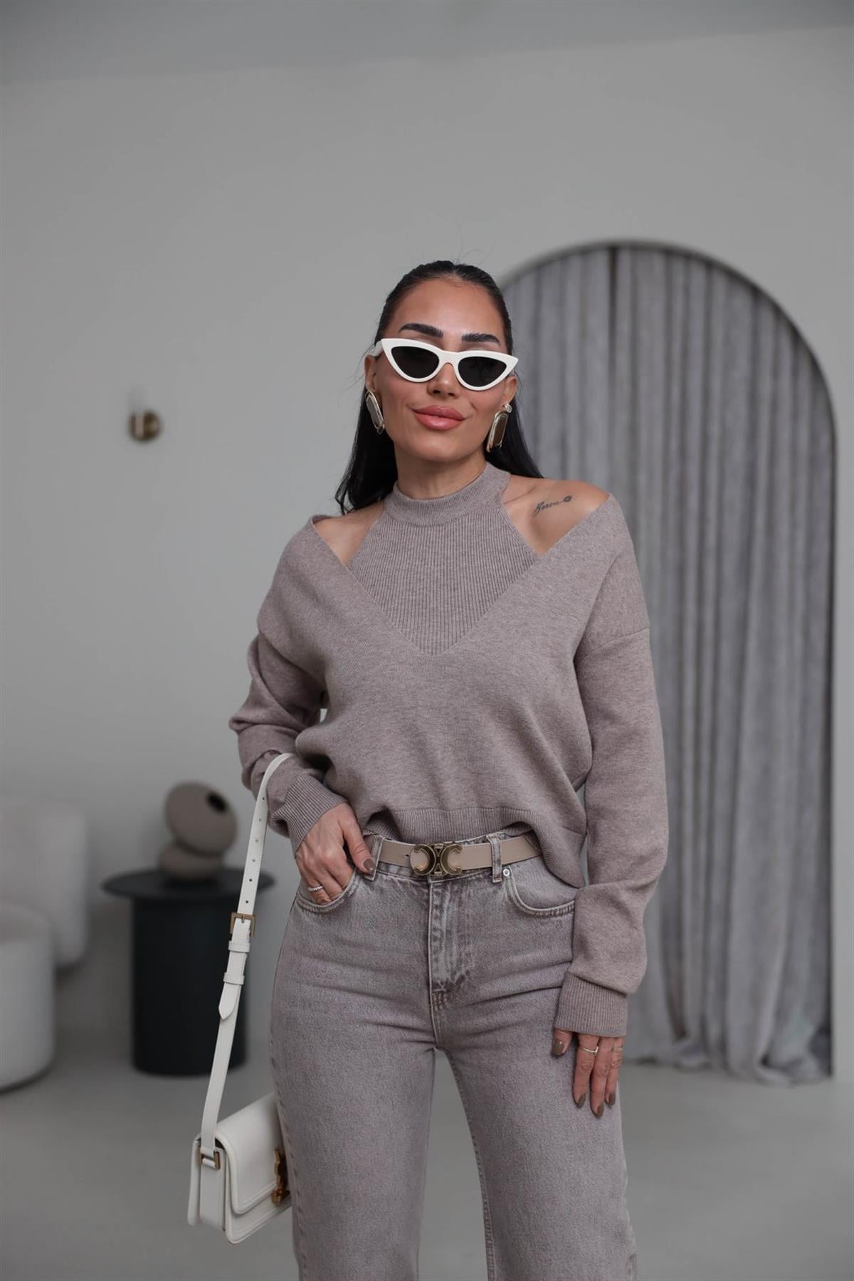 1206 V Yaka İkili Korsman Bluz VİZON