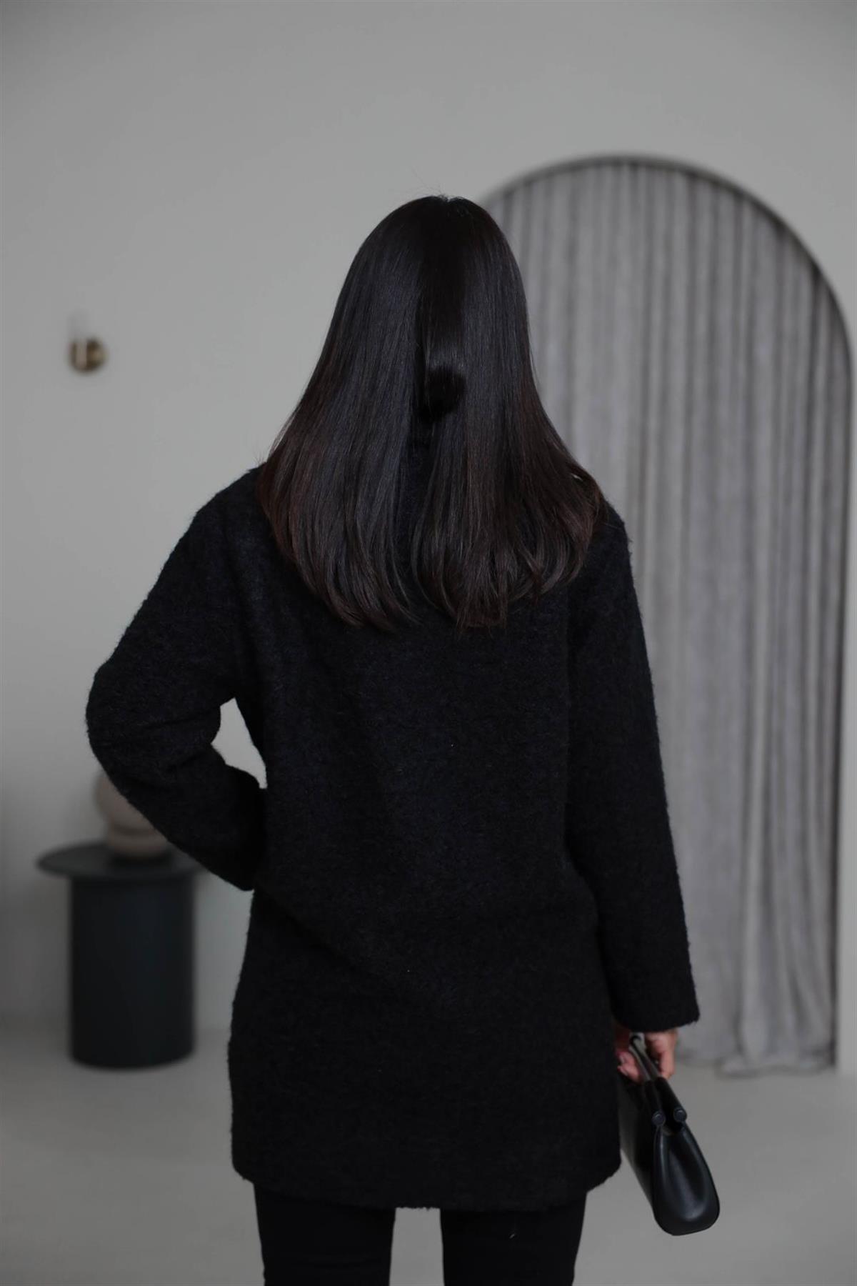 9699 Çift Düğmeli Buklet Kaban SİYAH