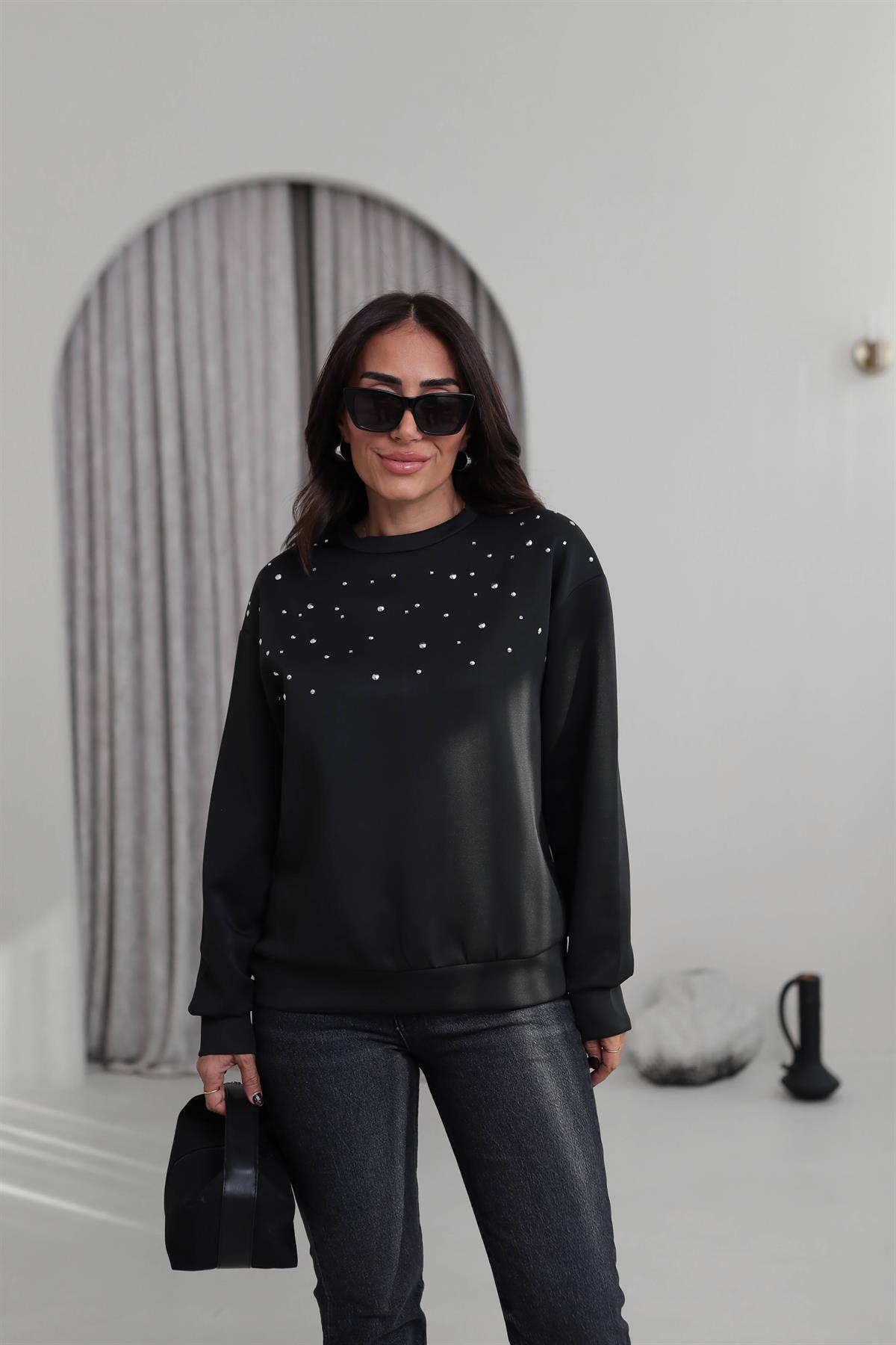 5902 Serpme Taşlı Scuba Sweatshirt SİYAH