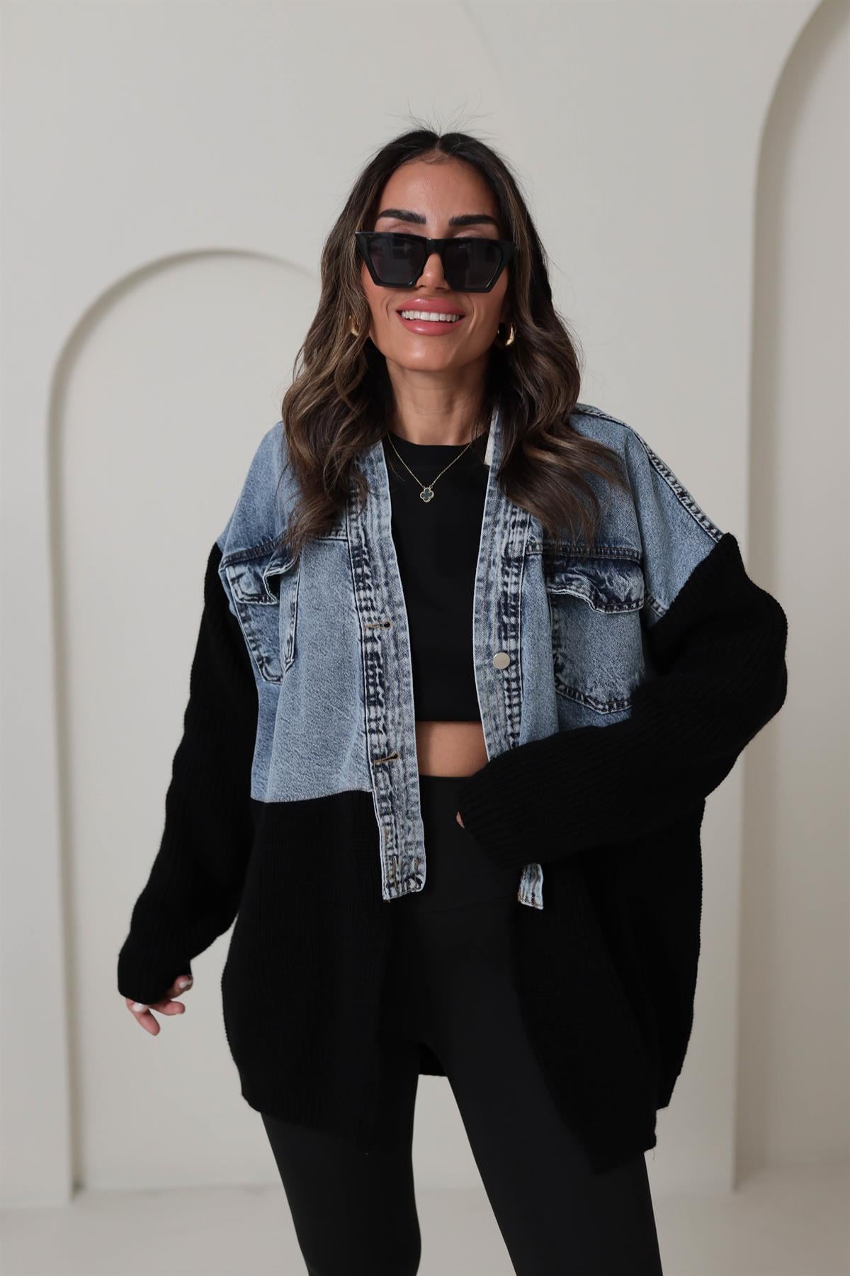 4139 Tasarım Triko ve Kot Garnili Ceket Hırka SİYAH