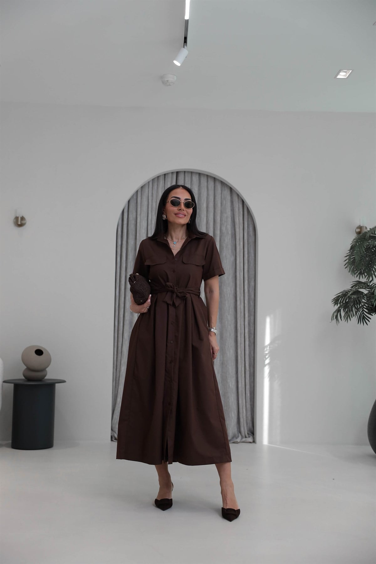 0165 Cep Kapaklı Kuşaklı Kısa Kol Kloş Elbise ACI KAHVE