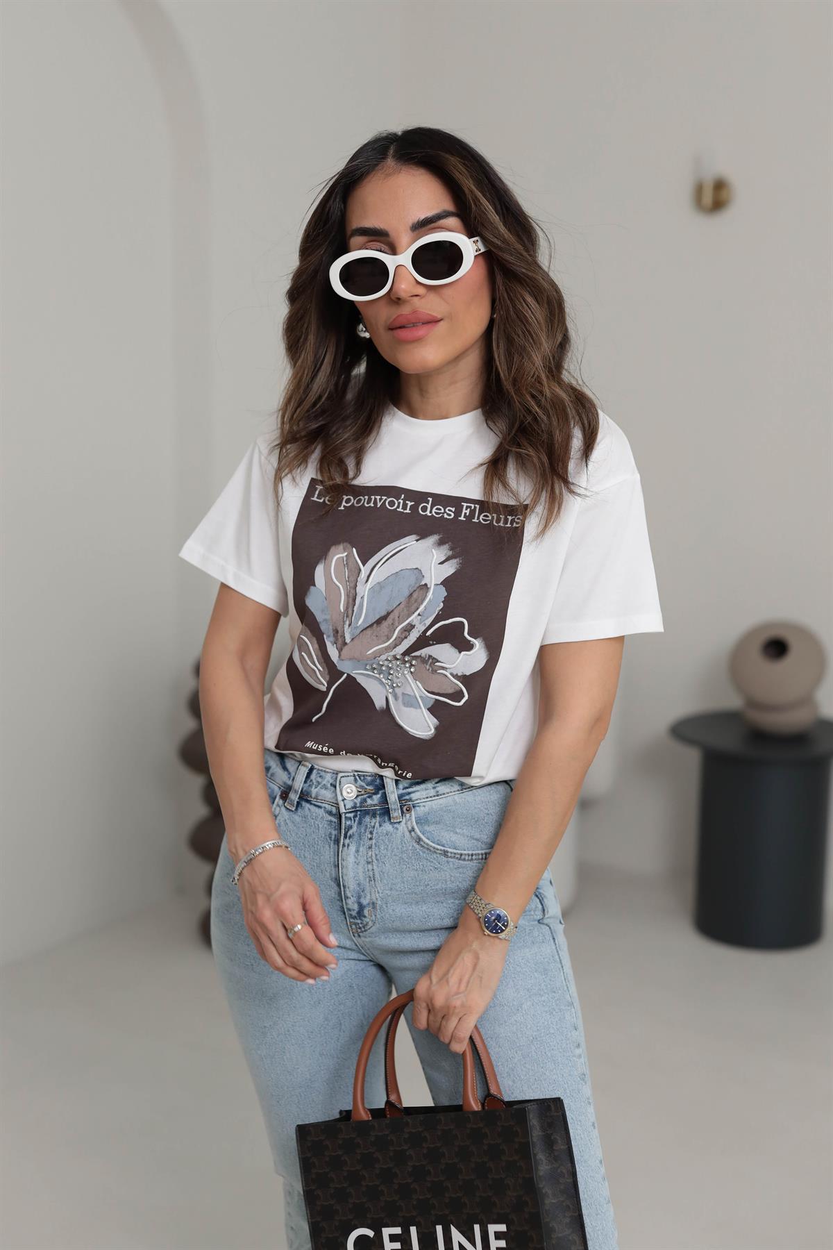 0223 Çiçek ve Taş Detaylı Tshirt ACI KAHVE