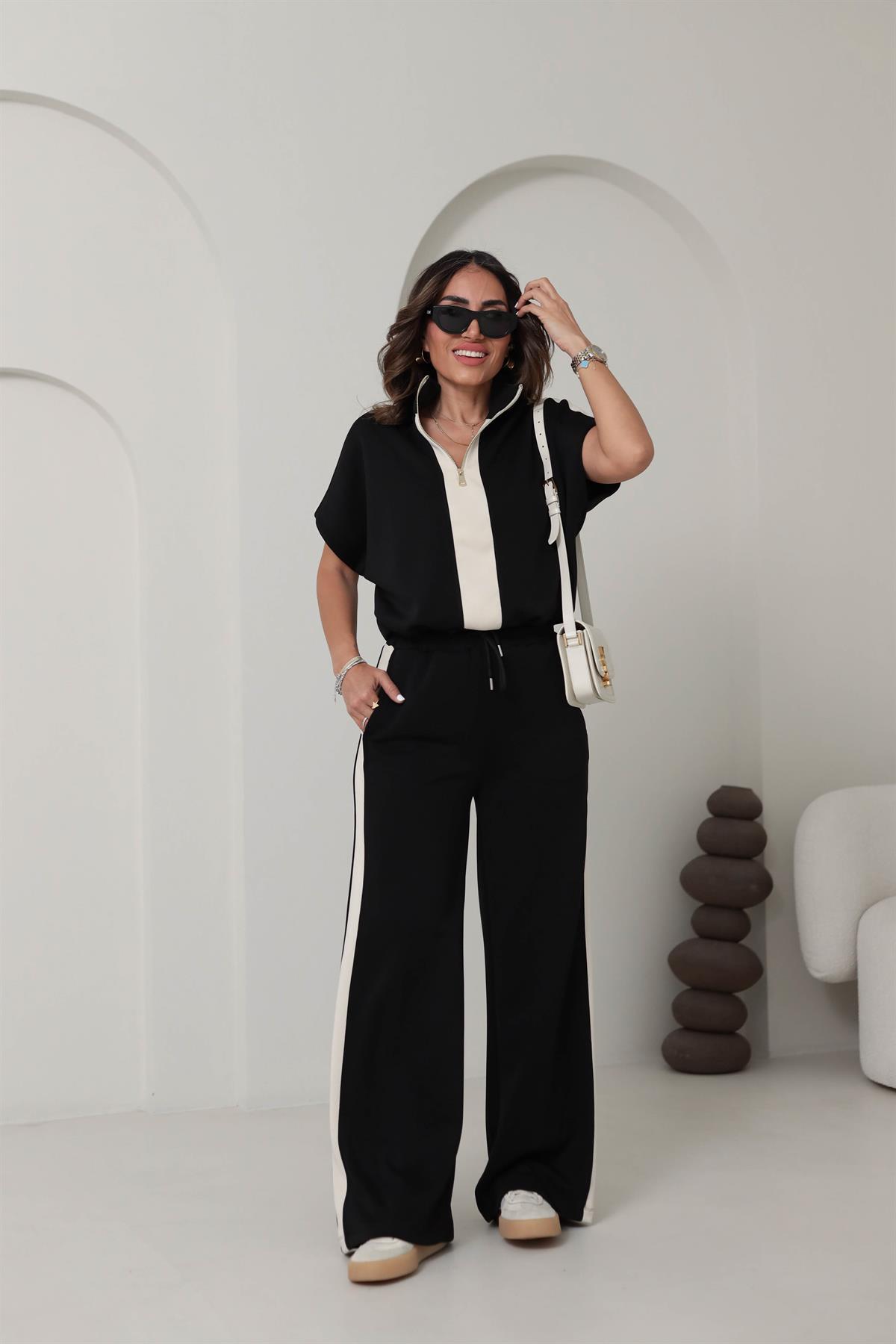 6290 Kısa Kol Renk Bloklu Modal Takım SİYAH-BEJ