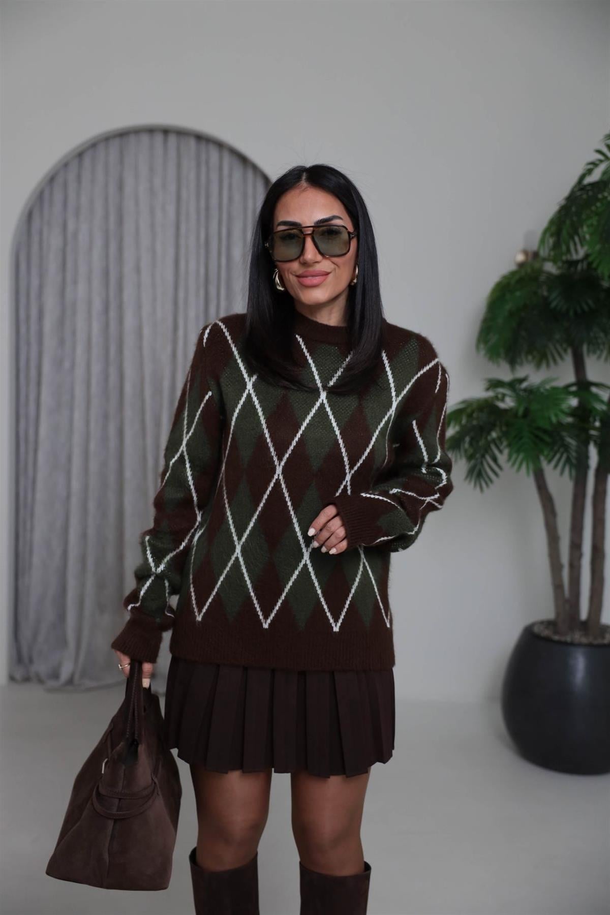 0133 Şardonlu Baklava Desen Kalın Kazak KAHVE-YEŞİL