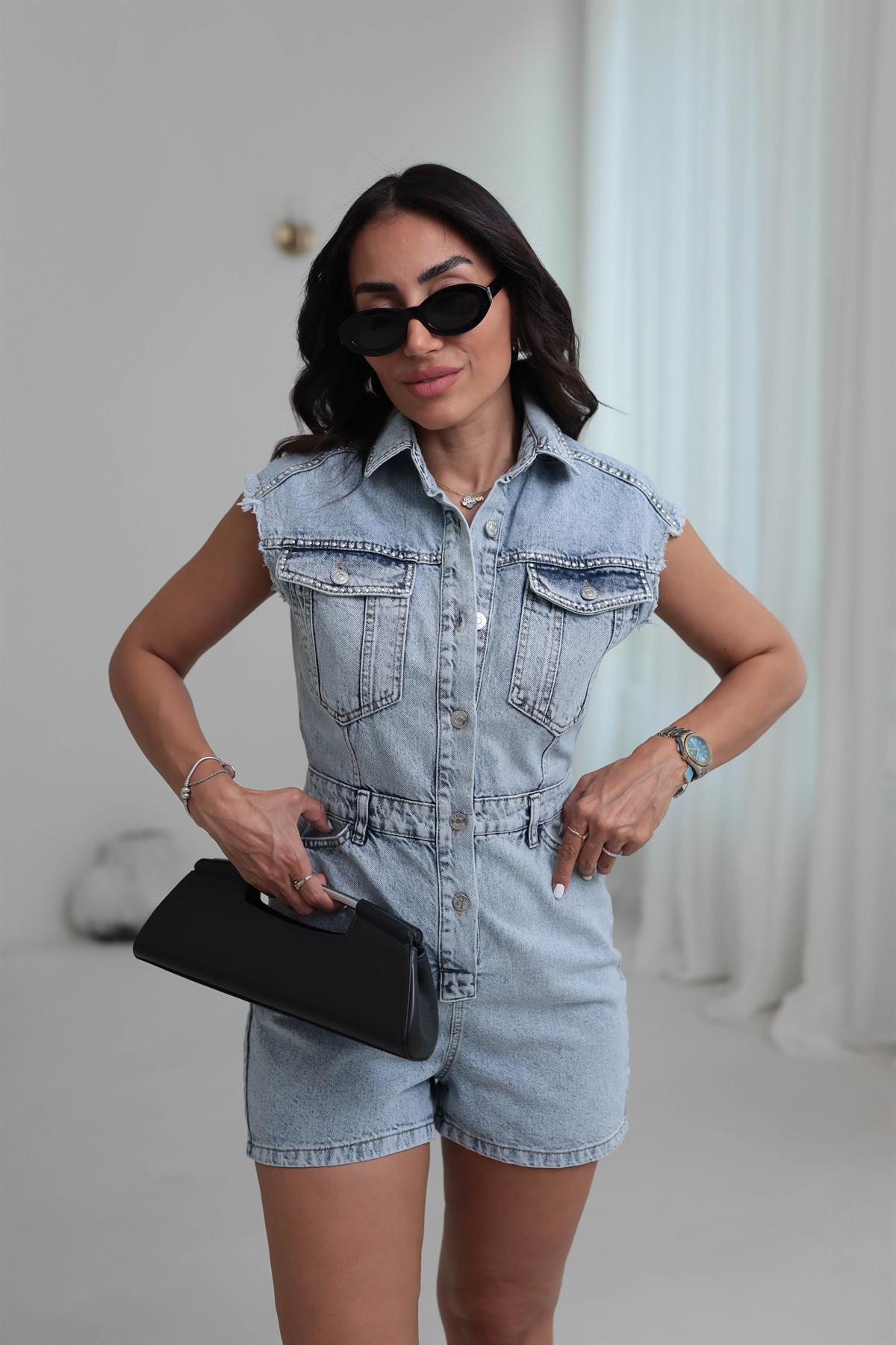 7011 Zımbalı Jean Şort Tulum BUZ MAVİ